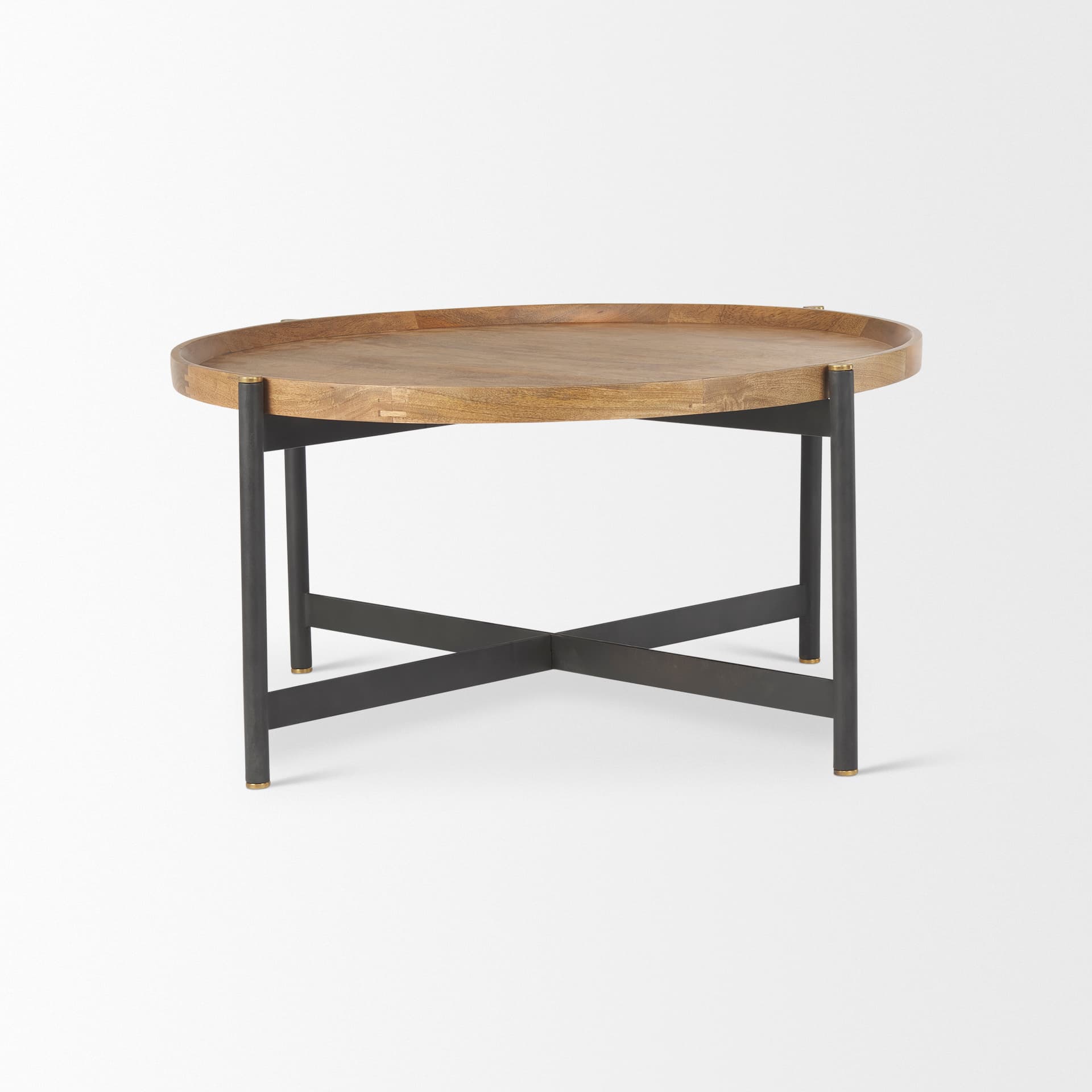 Marquisa 34.25" Round Small Brown Wood w/ Black Metal Coffee Table — product photograph