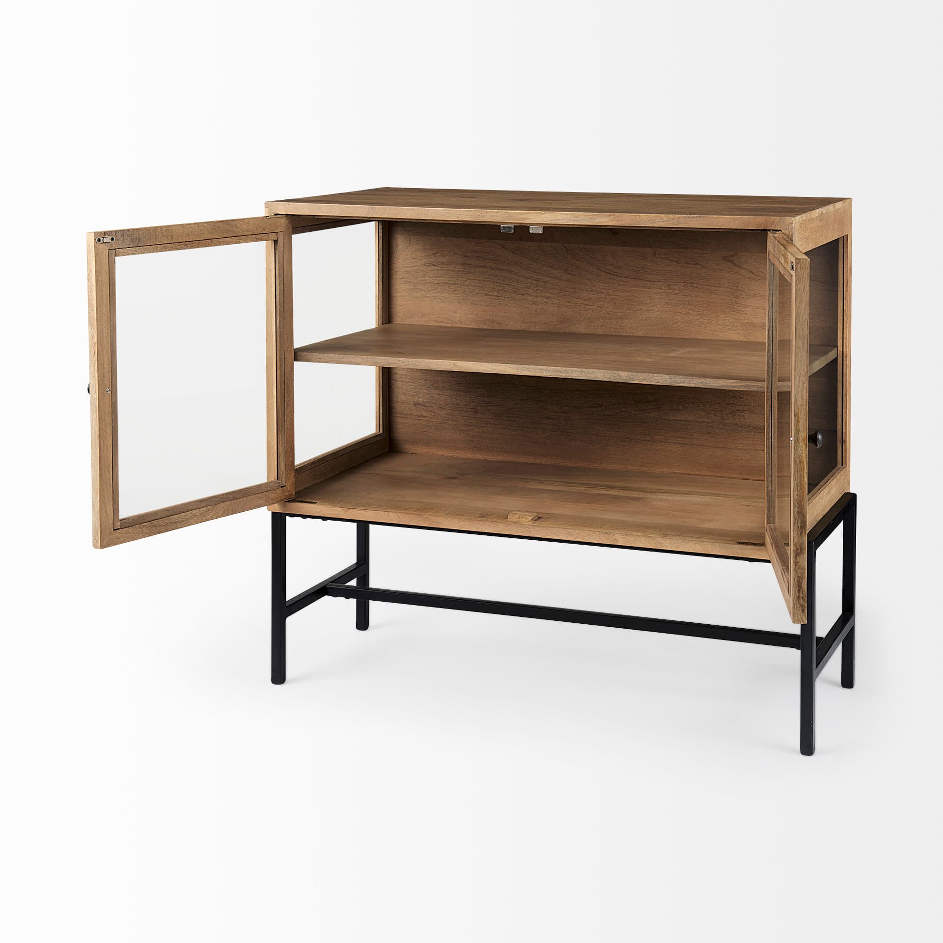 Arelius 36L x 18W x 32H Light Brown Wood, Black Metal Base w/ 2 Glass Doors Accent Cabinet — product photograph