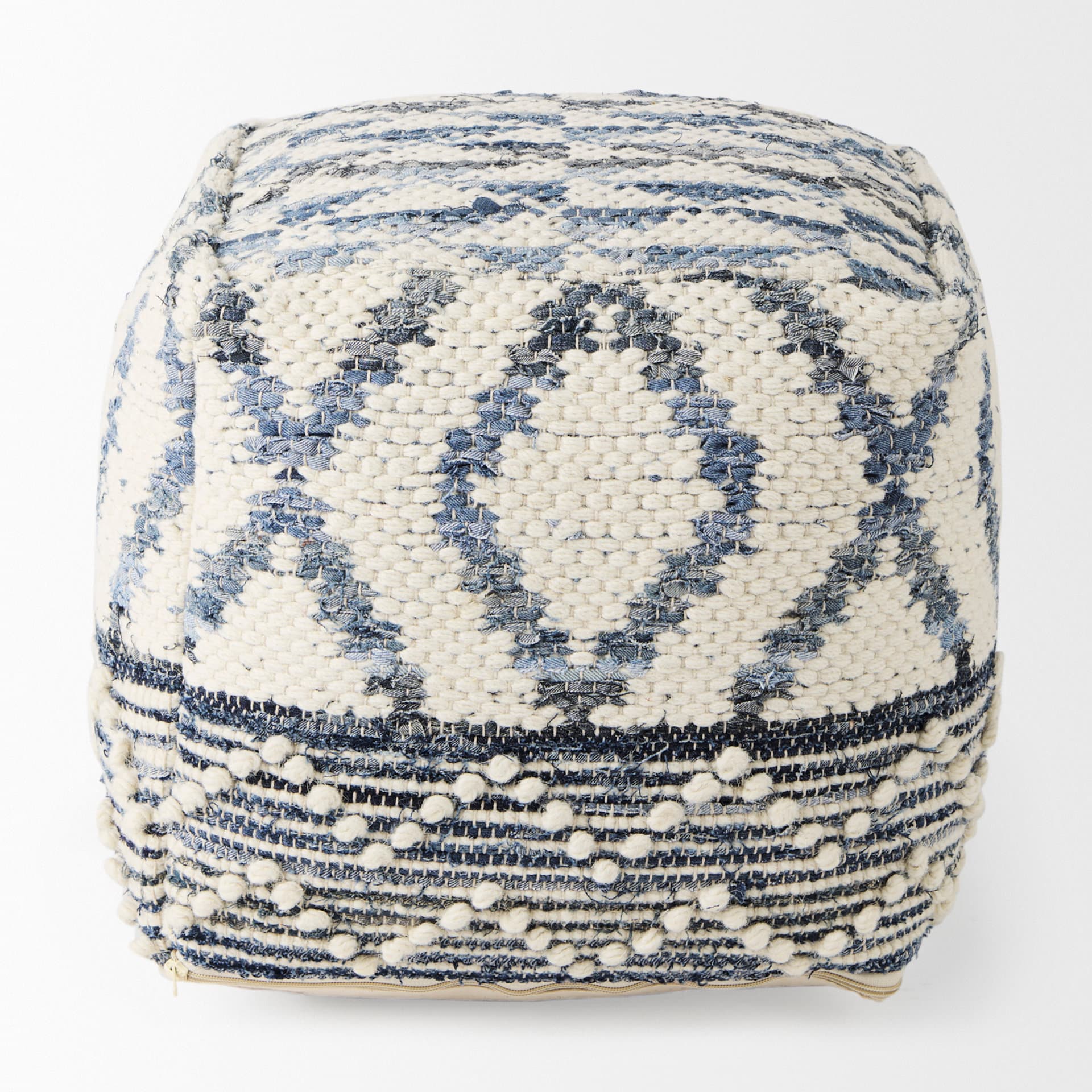 Eshana 16.0L x 16.0W x 16.0H Cream Wool and Denim Patterned Pouf — product photograph