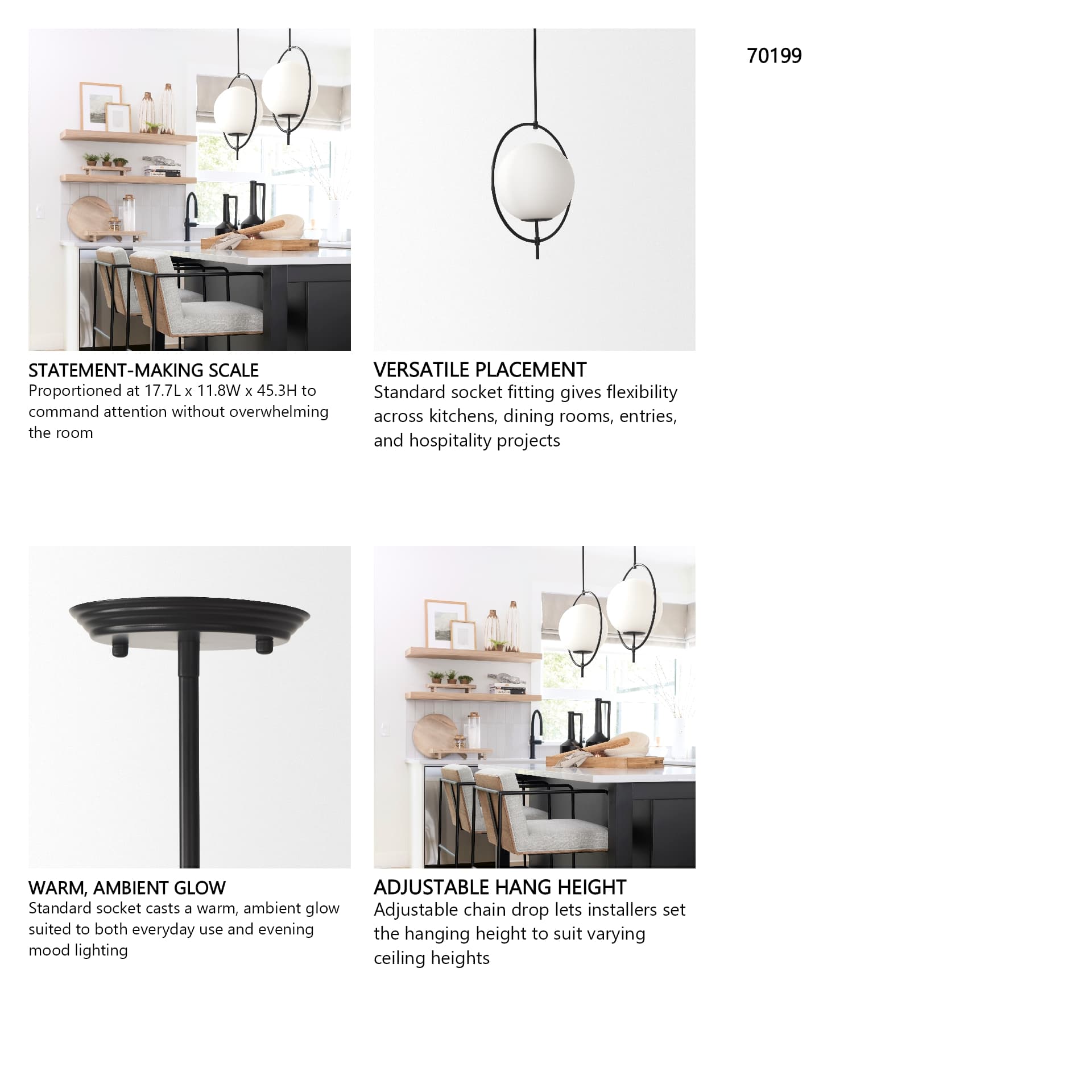 Farrah Frosted Glass Globe set in Matte Black Metal Pendant Ceiling Light — in a styled room