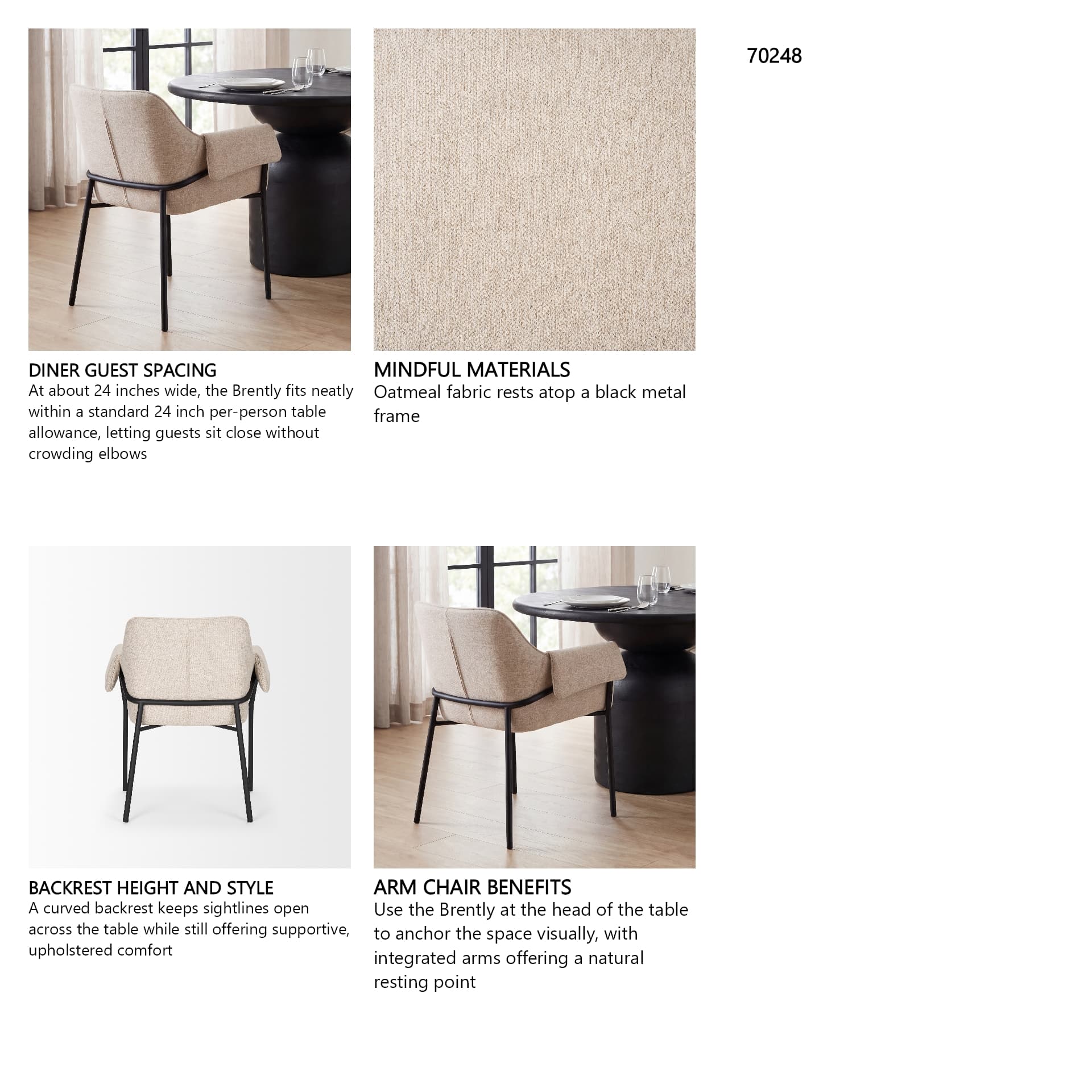 Brently Curved Back Dining Arm Chair | Oatmeal Fabric w/ Metal — in a styled room
