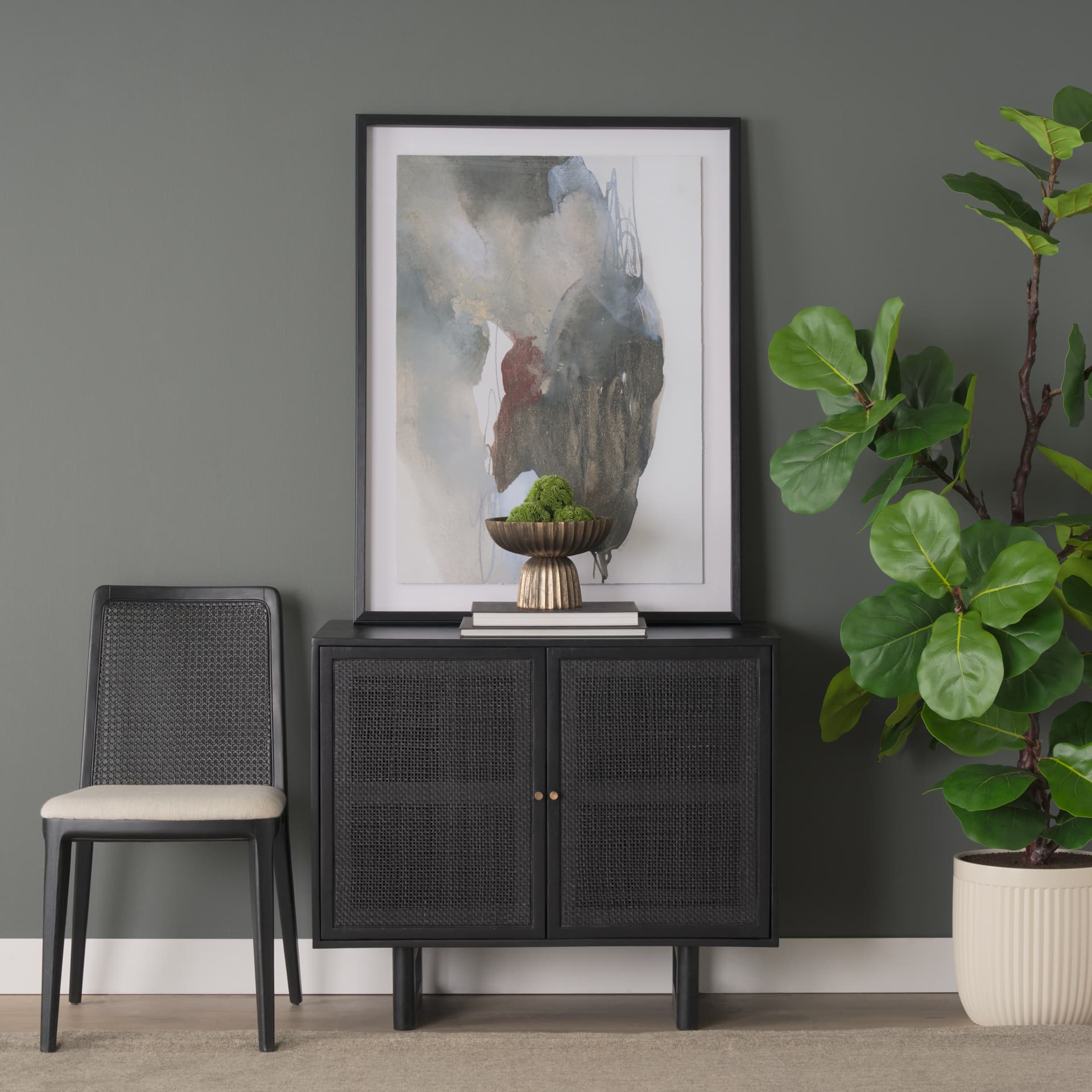 Grier Matte Black Stained Wood w/ Black Cane Accent Cabinet — product photograph