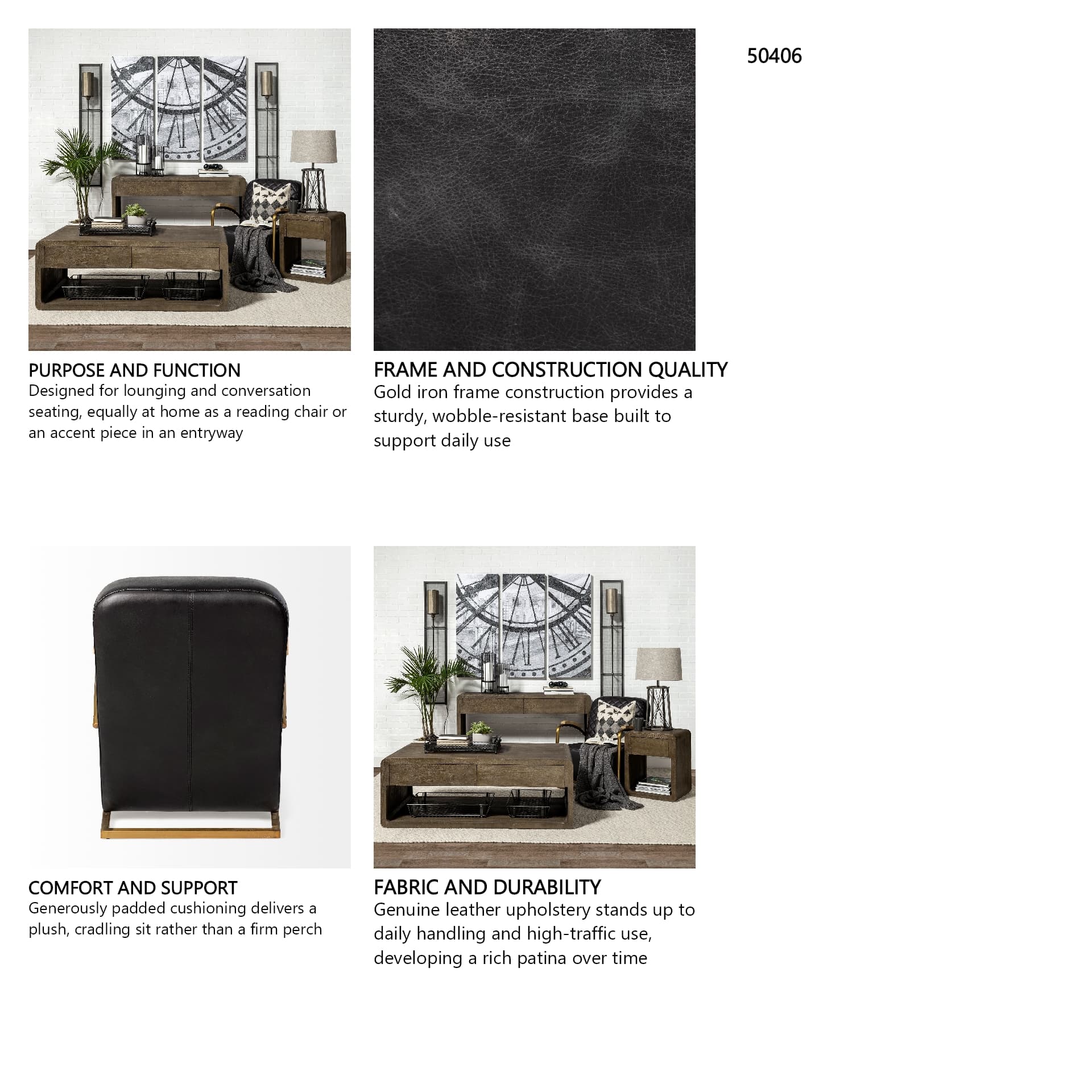 Horace I Black Leather Diamond Pattern w/Gold Iron Frame Accent Chair — in a styled room