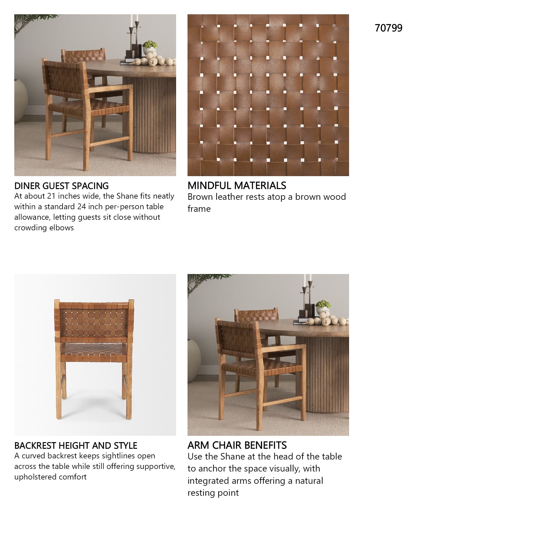 Shane Curved Back Dining Arm Chair | Woven Brown Leather w/ Brown Wood — in a styled room