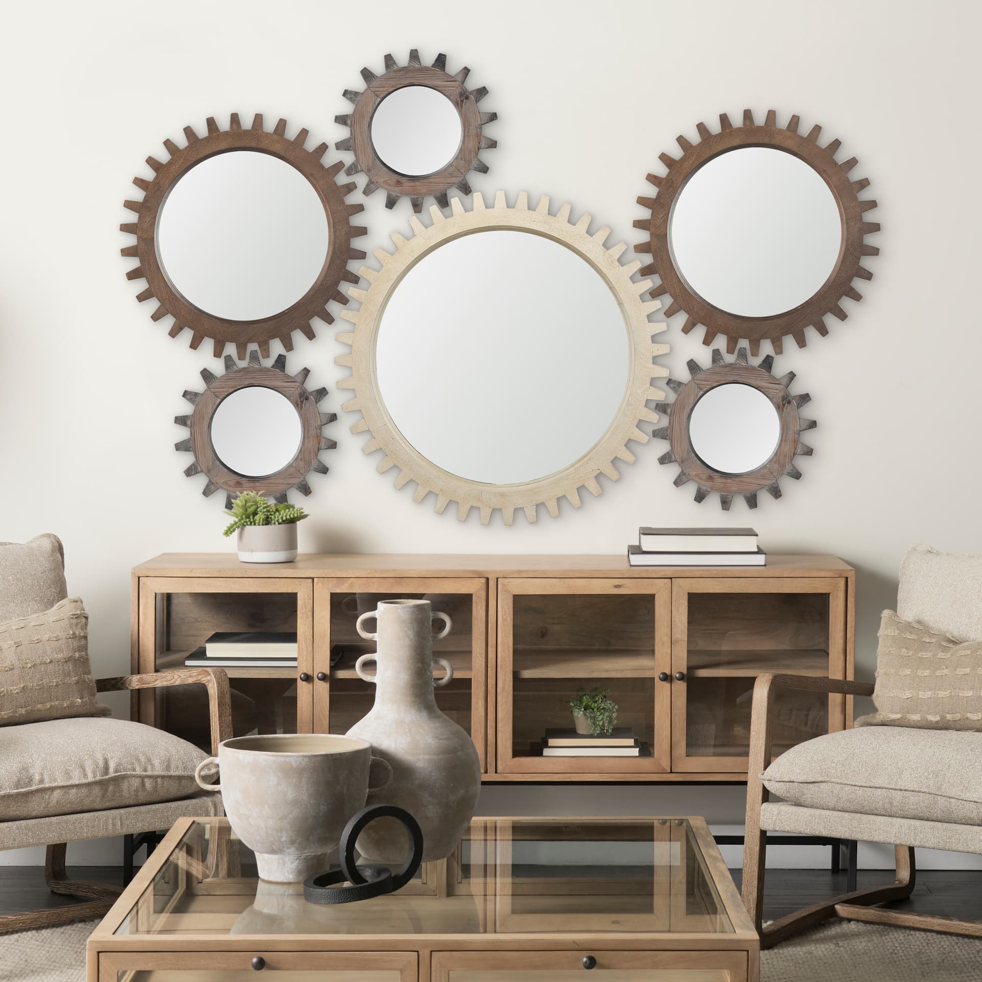 Cog Mirror 17" Round Brown Wood Frame Mirror — in a styled room