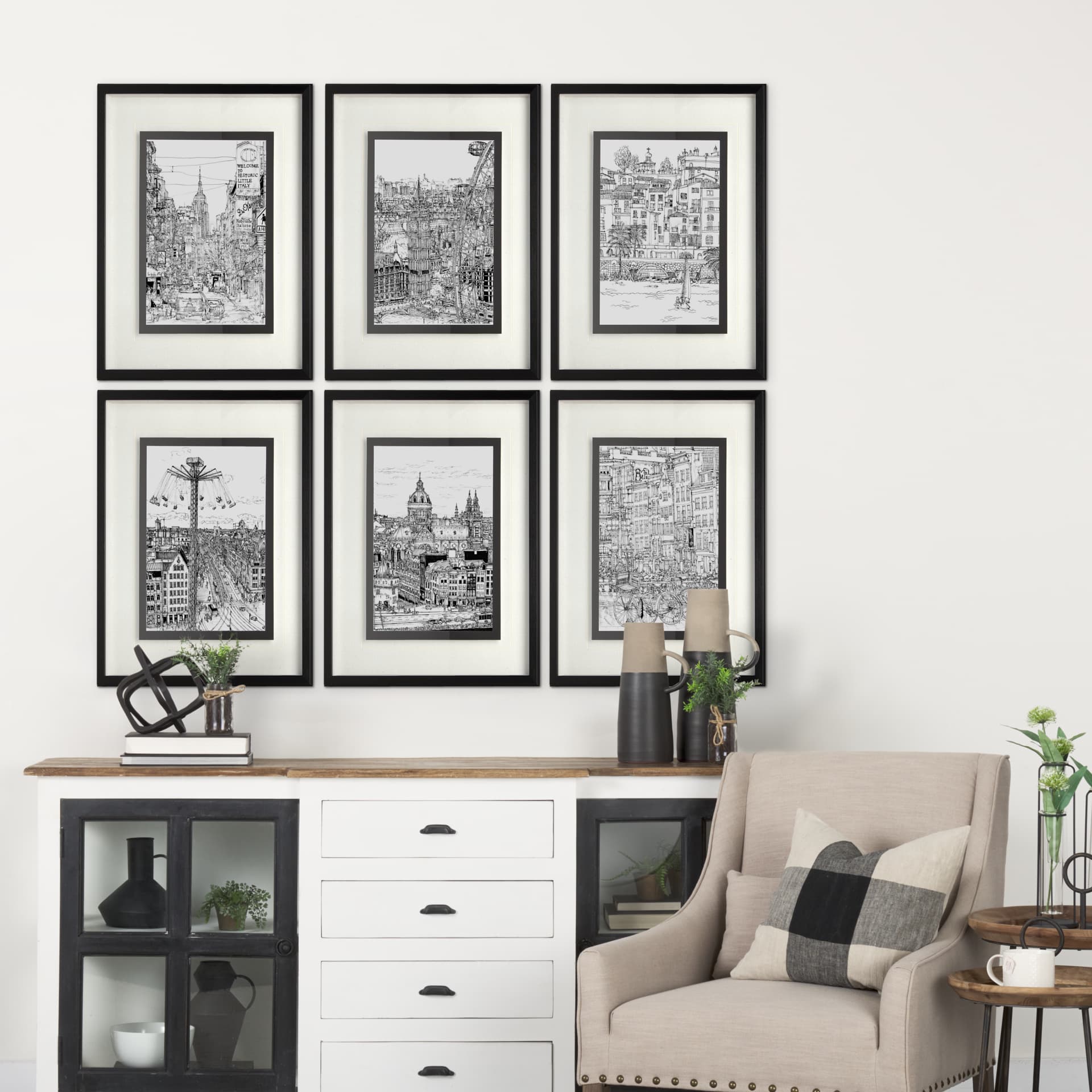 B&W City Scene I by Melissa Wang a Hand Embellished Textured Framed Art Print Matted under Glass — in a styled room