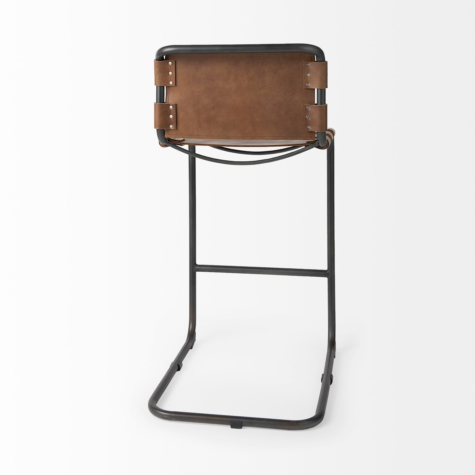 Berbick Low Back 30in Seat Bar Stool | Brown Leather w/ Gray Metal — product photograph