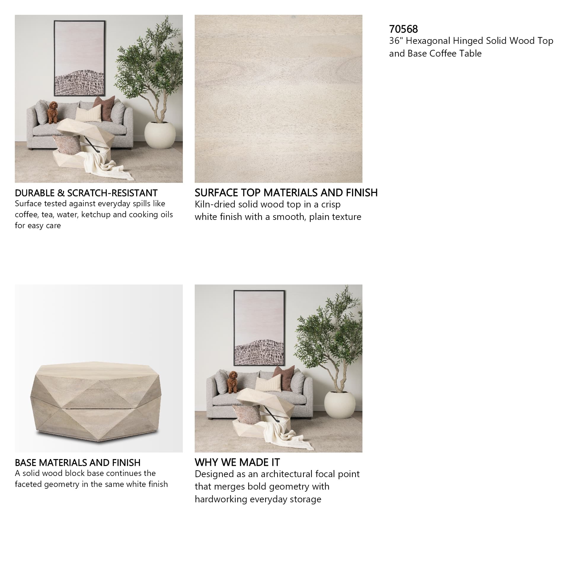 Arreto 36" Hexagonal Hinged Solid Wood Top and Base Coffee Table — in a styled room