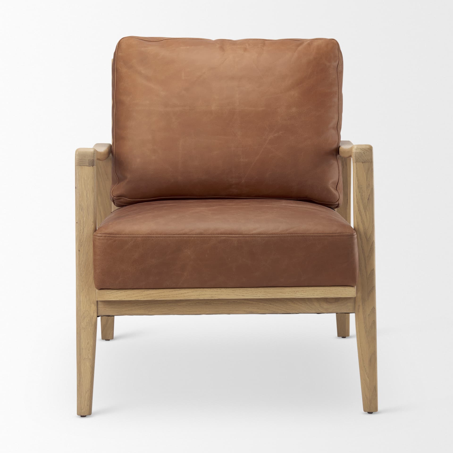 Raeleigh 28.0L x 34.1W x 34.4H Cognac Leather W/ Light Brown Wood Frame Accent Chair — product photograph