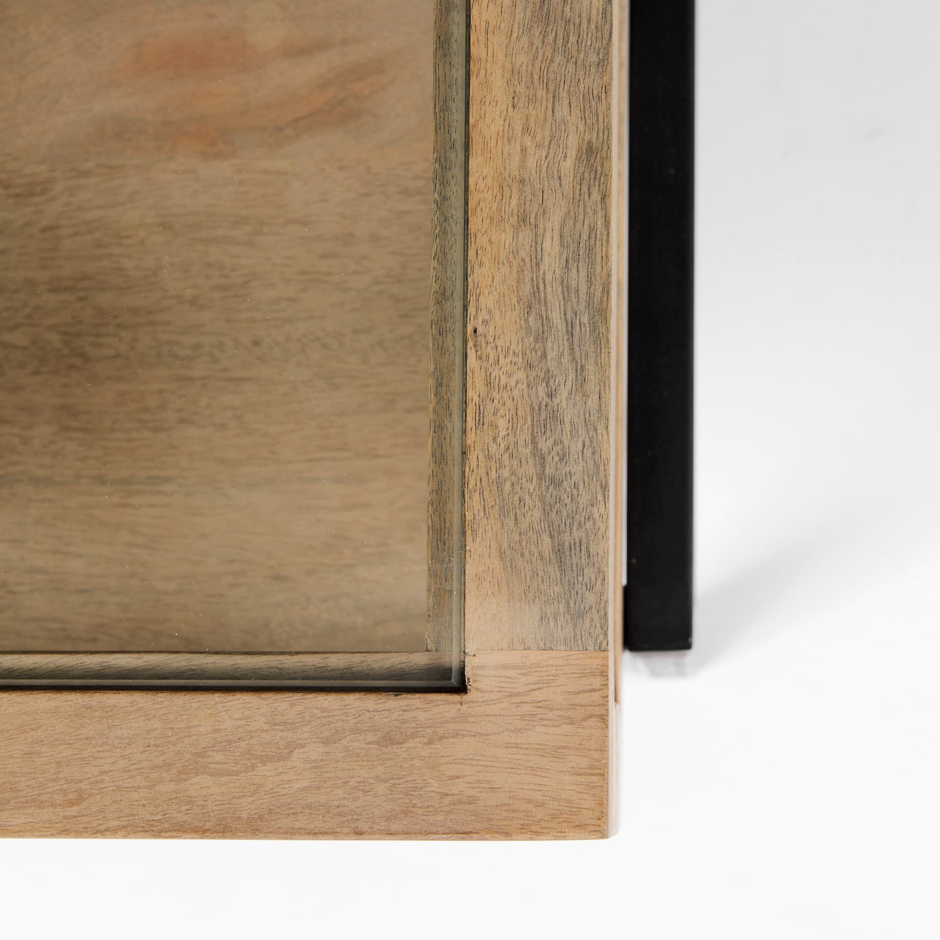 Arelius 42" Square Glass-Top Light Brown w/ Black Metal Base Display Coffee Table — product photograph