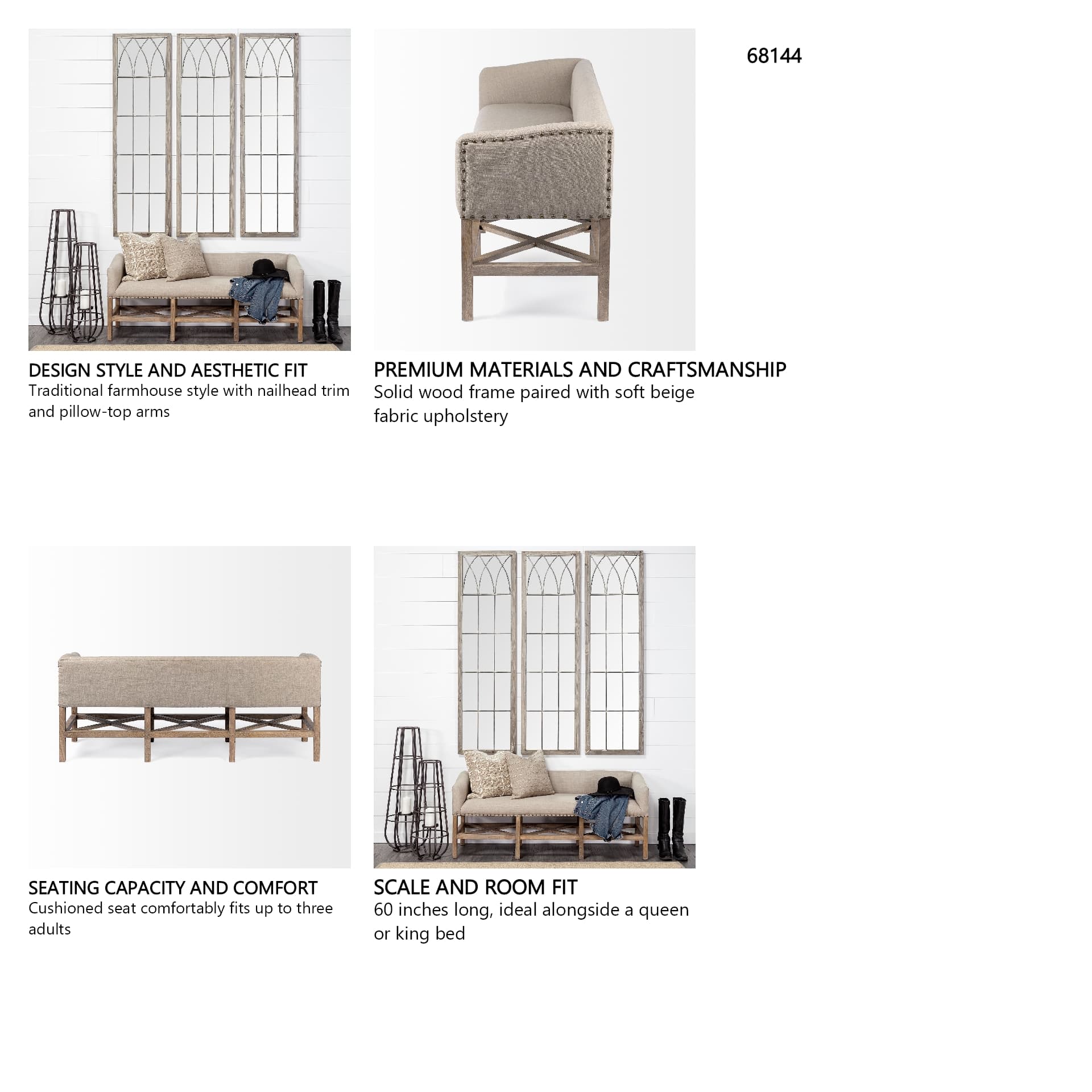 Bergen 60L x 19W Beige Fabric Covered Seat W/Brown Wood Frame Accent Bench — in a styled room