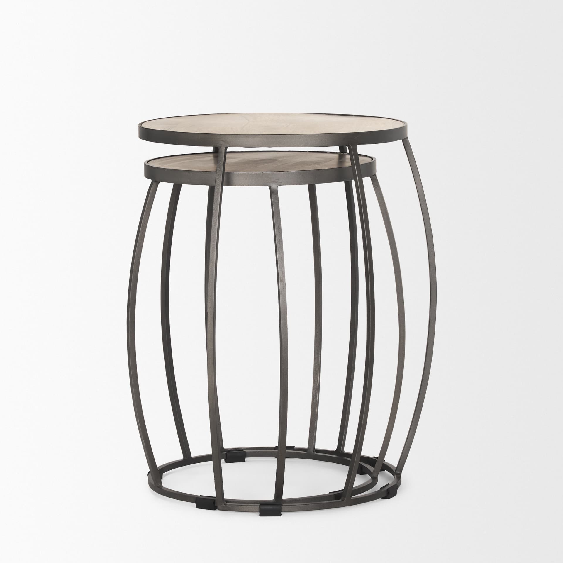 Clapp Round Light Brown W/ White Wash Wood and Silver Metal Nesting Accent Tables (Set of 2) — product photograph