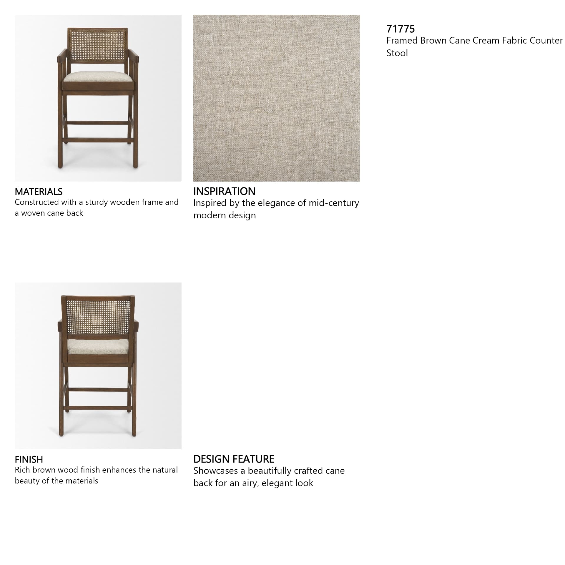 Reid Backless 38in Seat Counter Stool | Brown Wood w/ Cane Back — product photograph