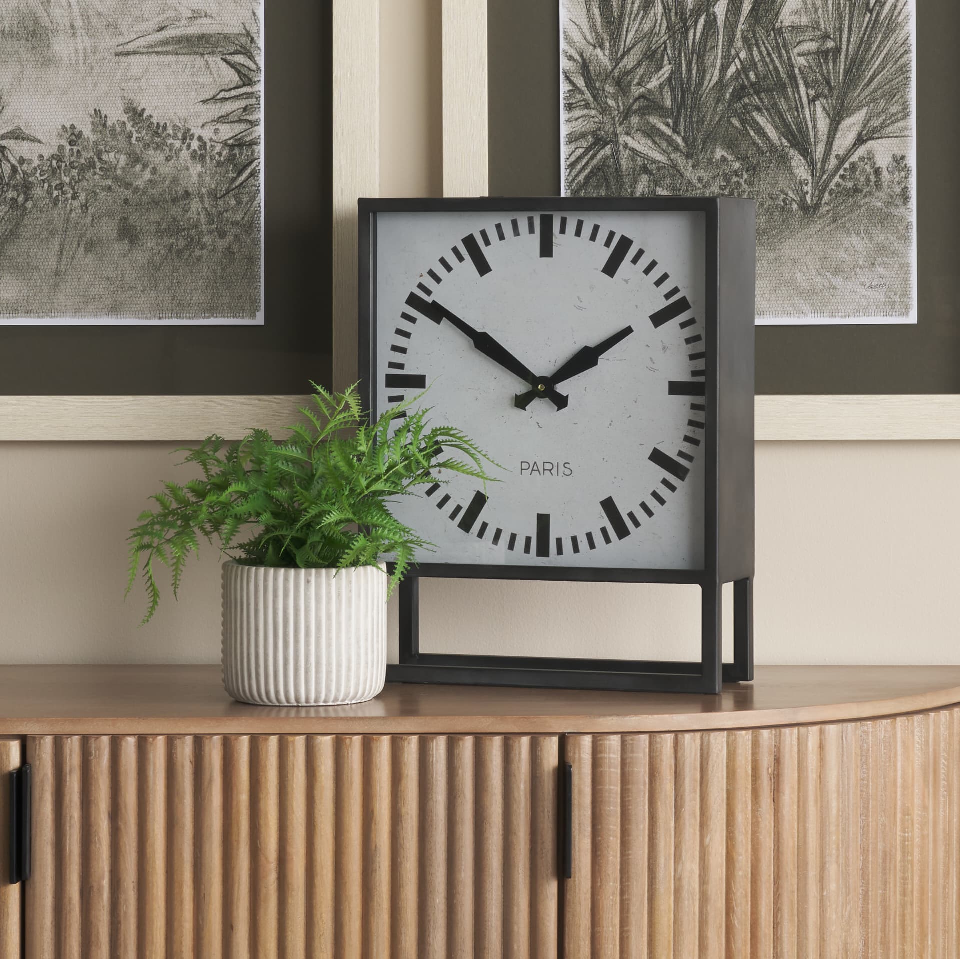Felix Gray Metal Square Table Clock — in a styled room