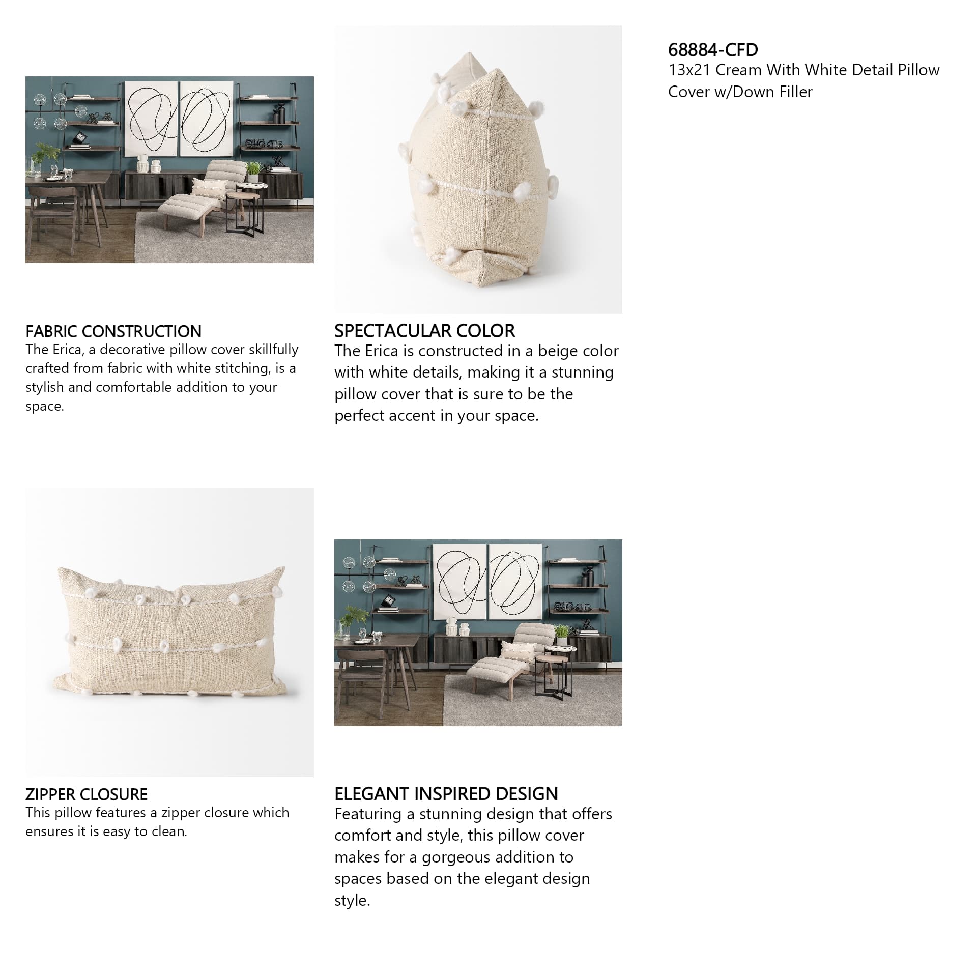 Erica 13x21 Cream With White Detail Pillow Cover w/Down Filler — in a styled room