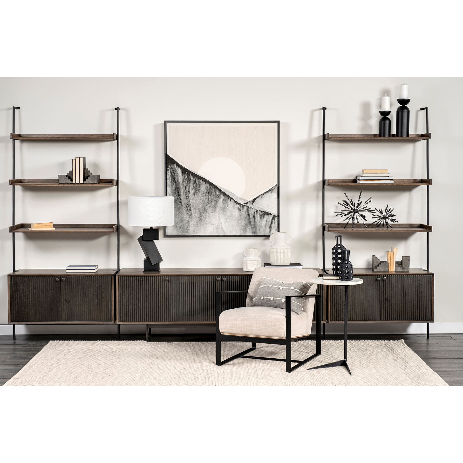 Ballatine II 15L x 15W x 27L White Marble Round Top White w/ Black Metal Base Accent Table — in a styled room