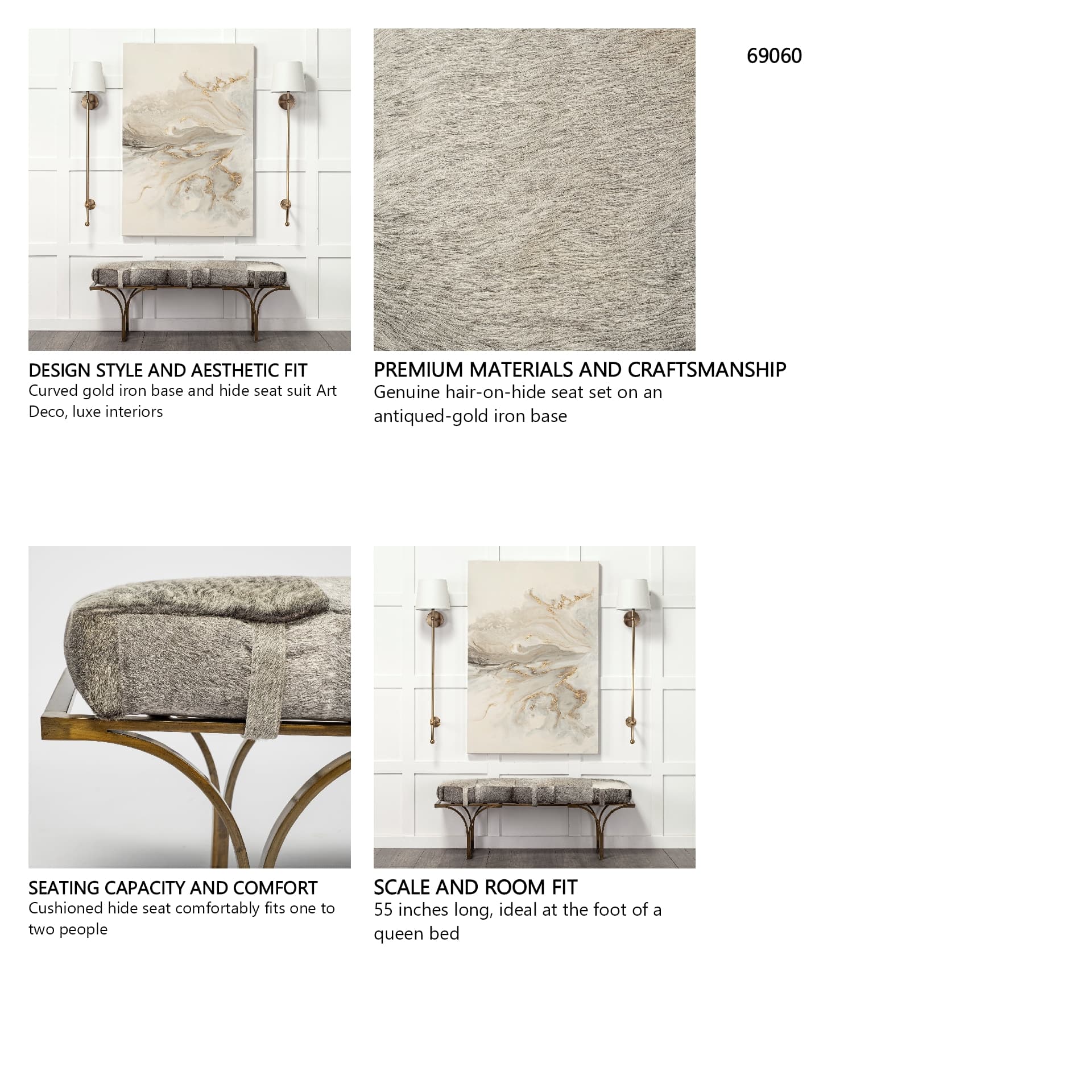 Jessie 55L x 16W White/Gray Hair-On-Hide Seat W/Gold Metal Base Accent Bench — in a styled room