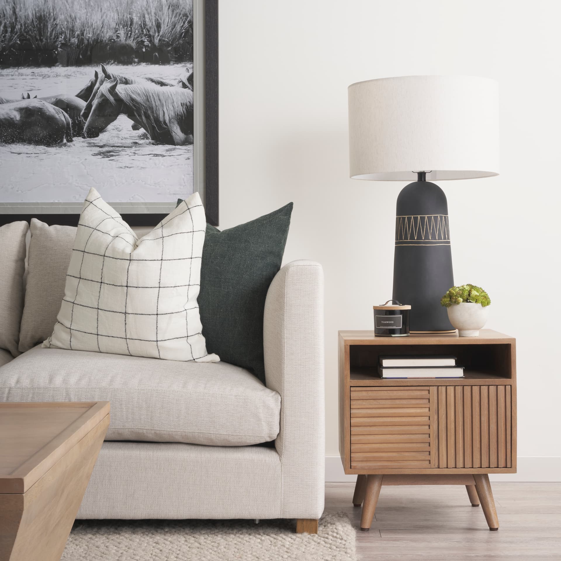 Javier 18.0L x 18.0W x 30.75H Black Base W/Cream Fabric Shade Table Lamp — product photograph