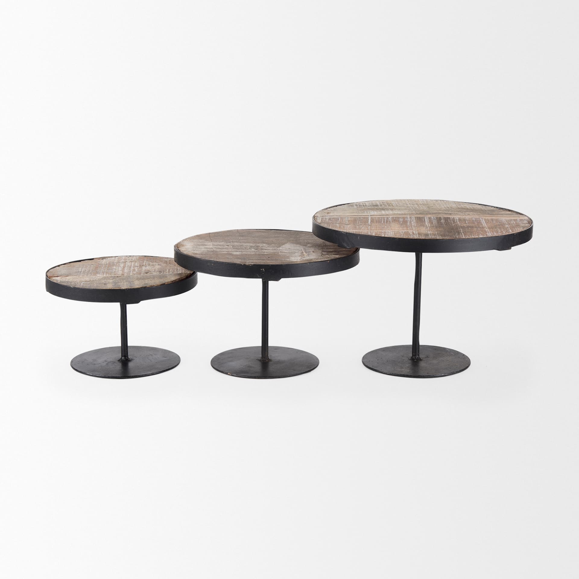 Lorenz (Set of 3) Light Brown Wood W/ Black Metal Base Round Decorative Display Stands — product photograph