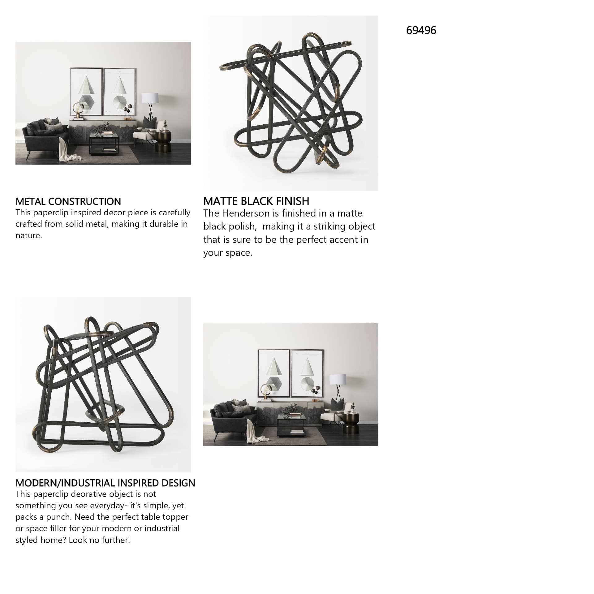 Henderson 12.2L x 9.1W x 9.1H Black Metal Paperclip Decorative Object — in a styled room