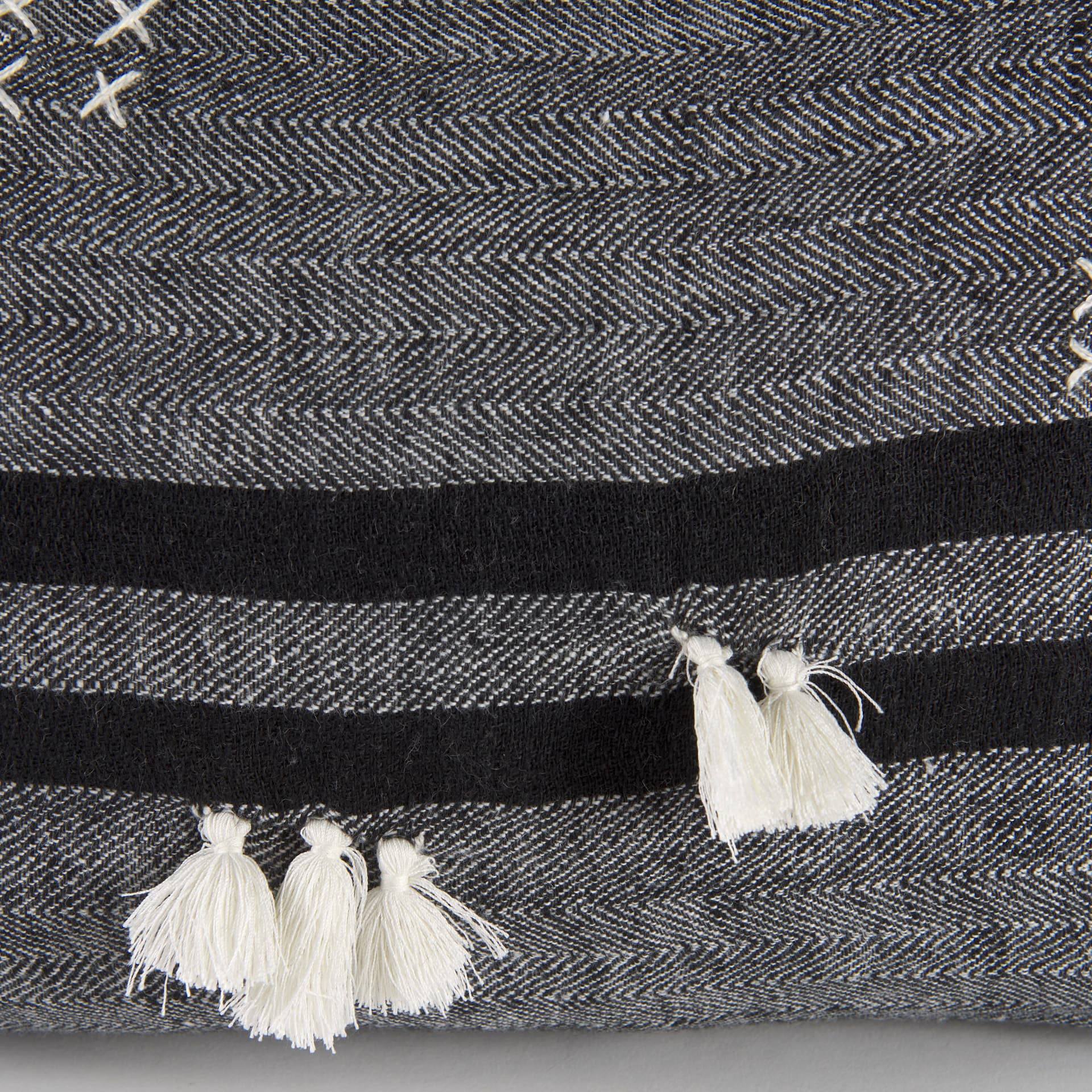 Sibyl 13x21 Black Fabric Striped and White Fringed Pillow Cover w/Down Filler — product photograph
