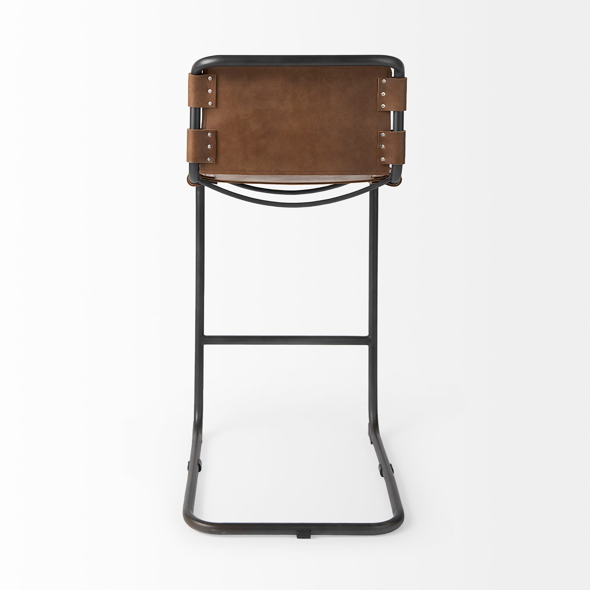 Berbick Low Back 30in Seat Bar Stool | Brown Leather w/ Gray Metal — product photograph