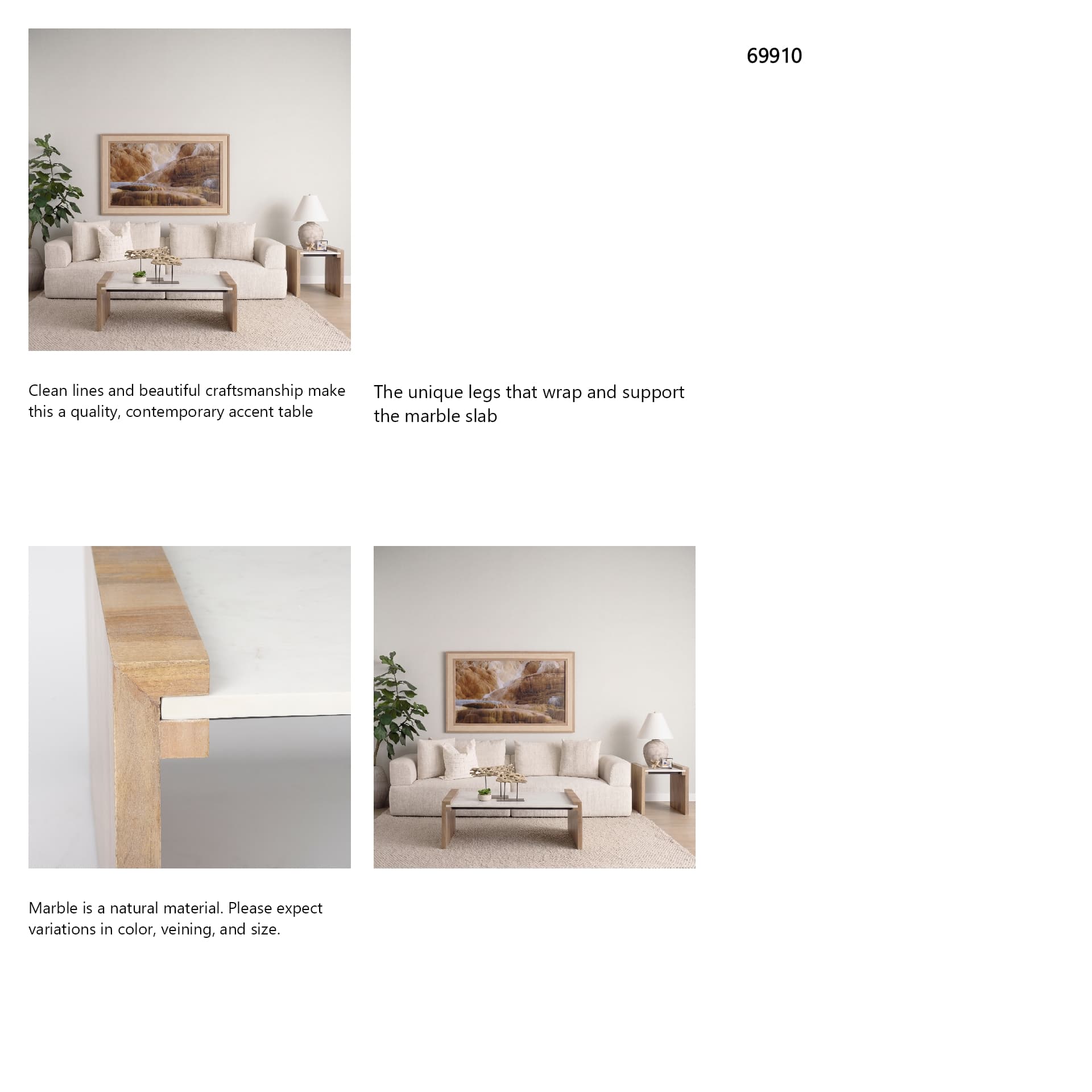 Athens Light Brown Wood w/ White Marble Accent Table — in a styled room