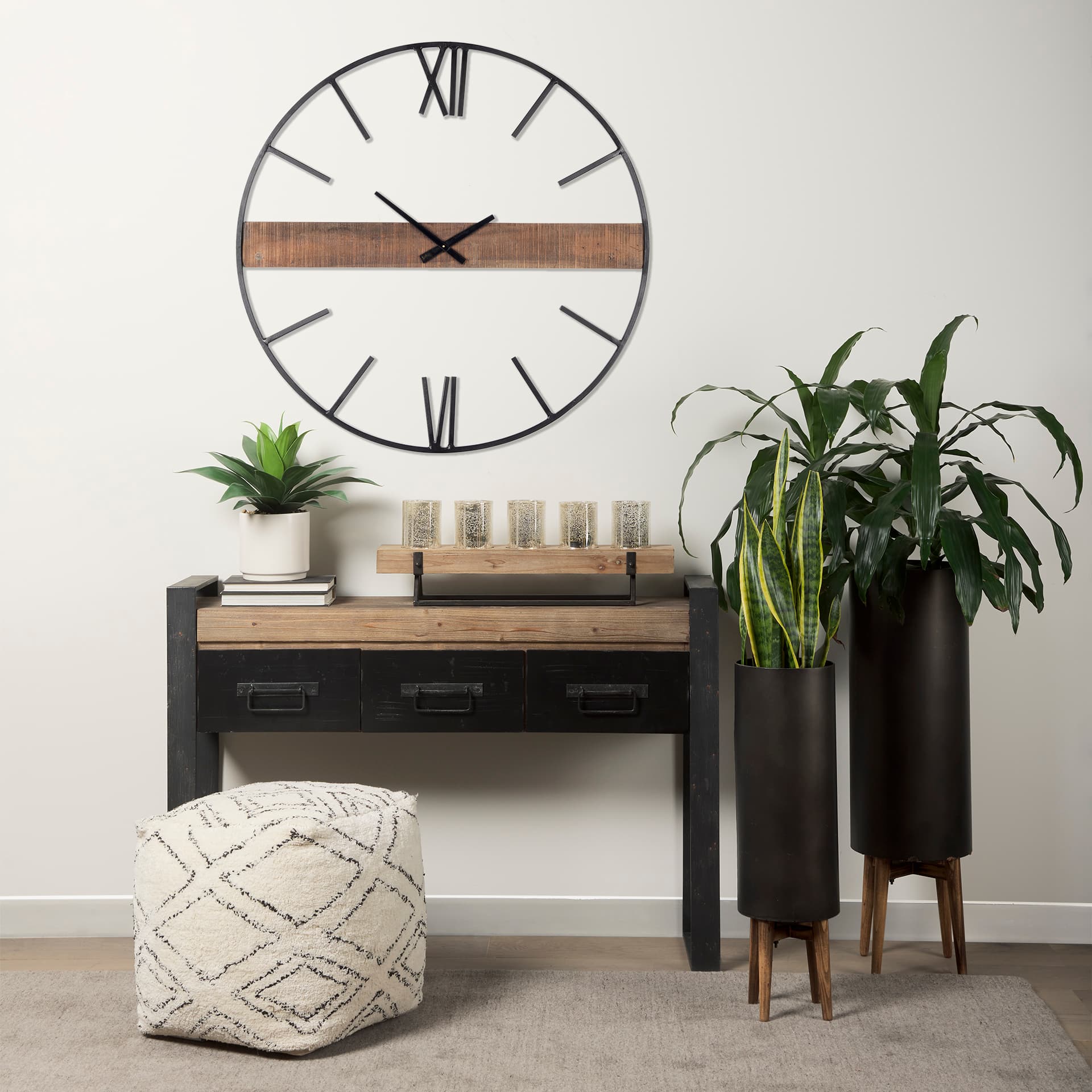 Roman 36" Round Oversize Industrial Wall Clock — in a styled room