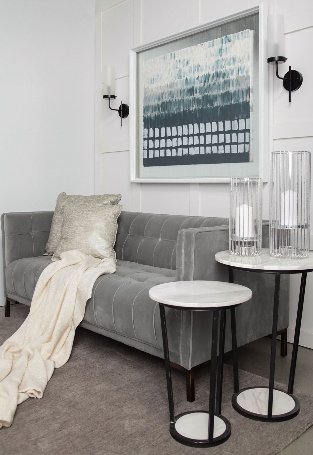 Bombola I (Small) 15L x 15W White Round Marble Top W/Black Metal Frame Accent Table — in a styled room