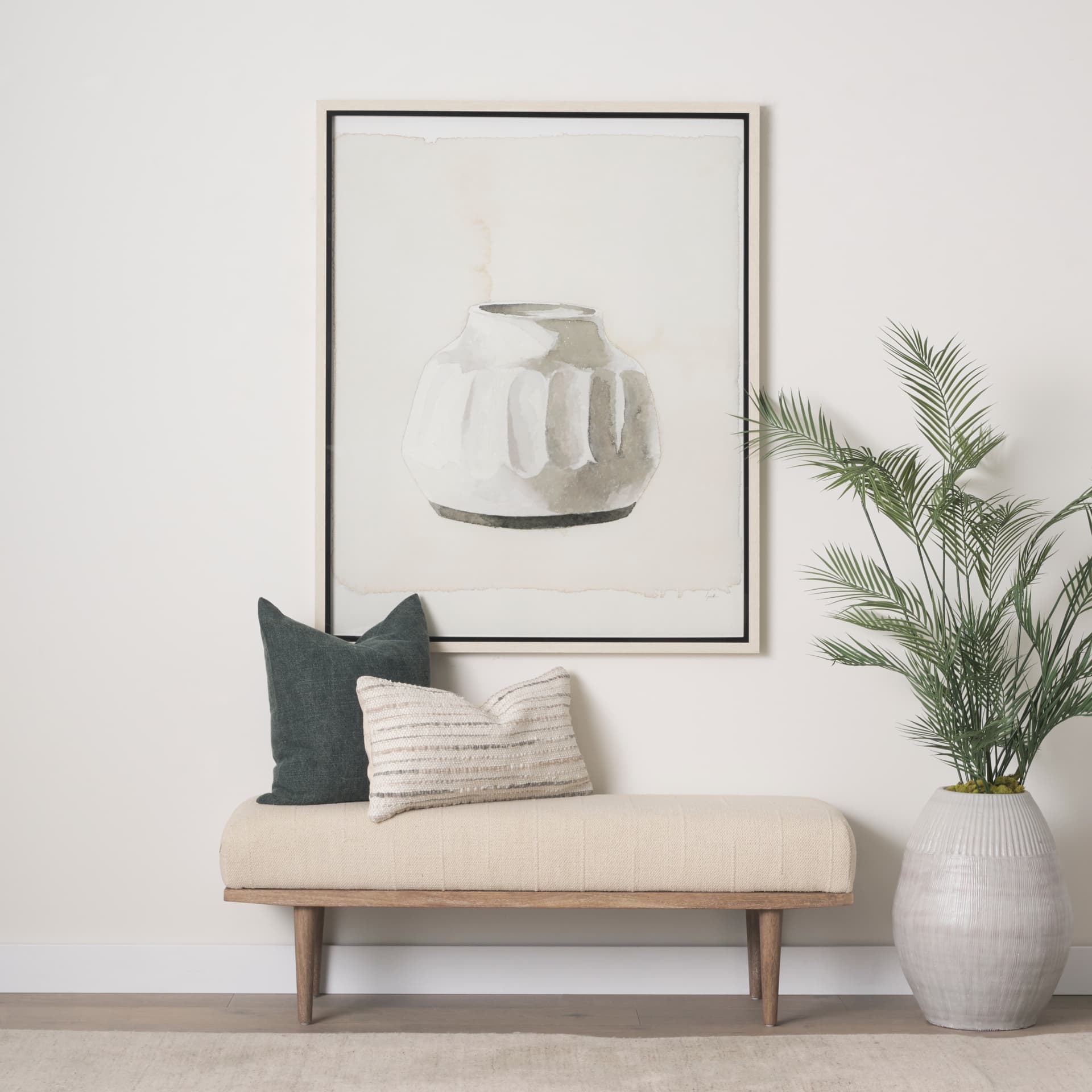 Shae Brown Wood w/ Oatmeal Fabric Bench — in a styled room