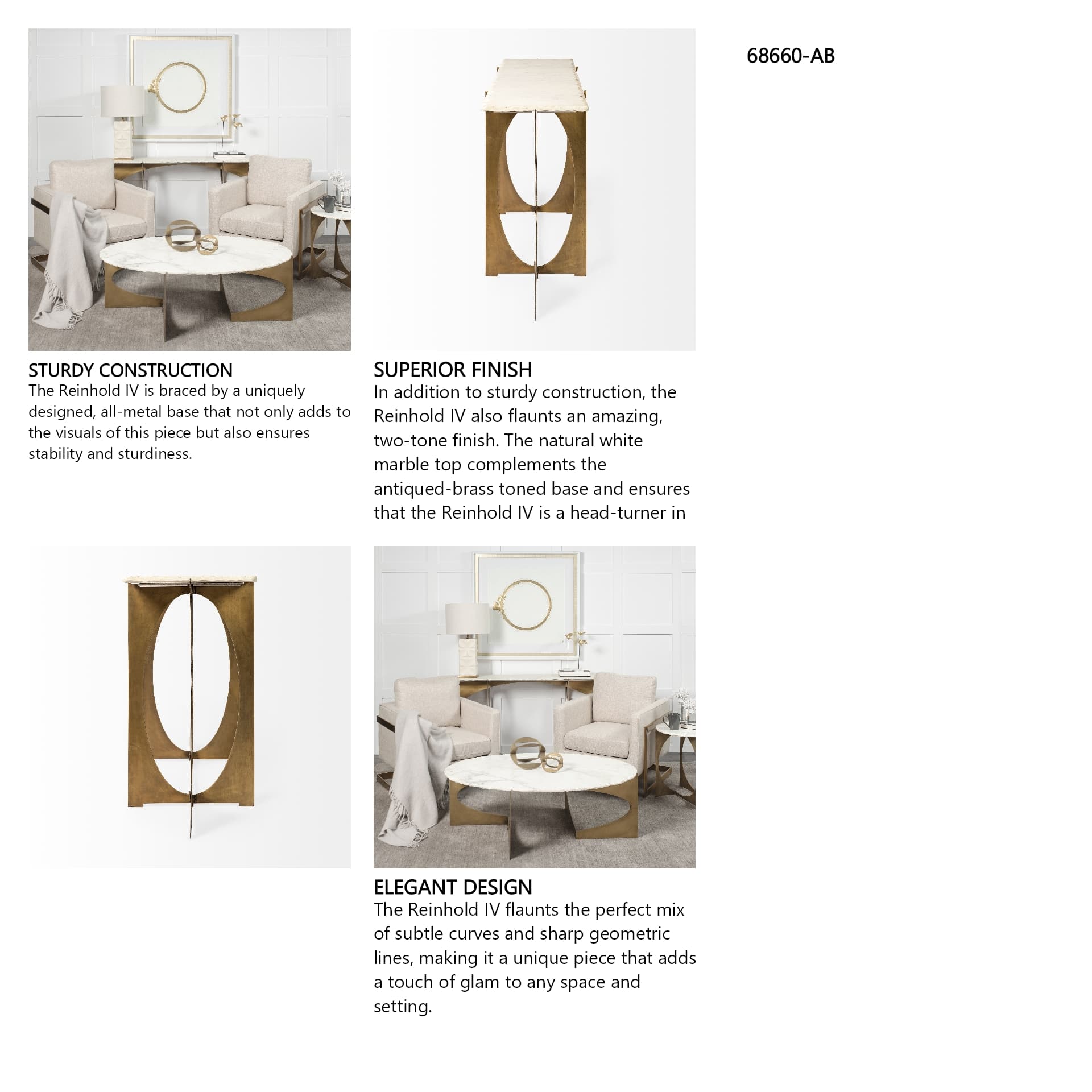 Reinhold IV 59L x 16W White Marble Top Gold Metal Base Console Table — in a styled room