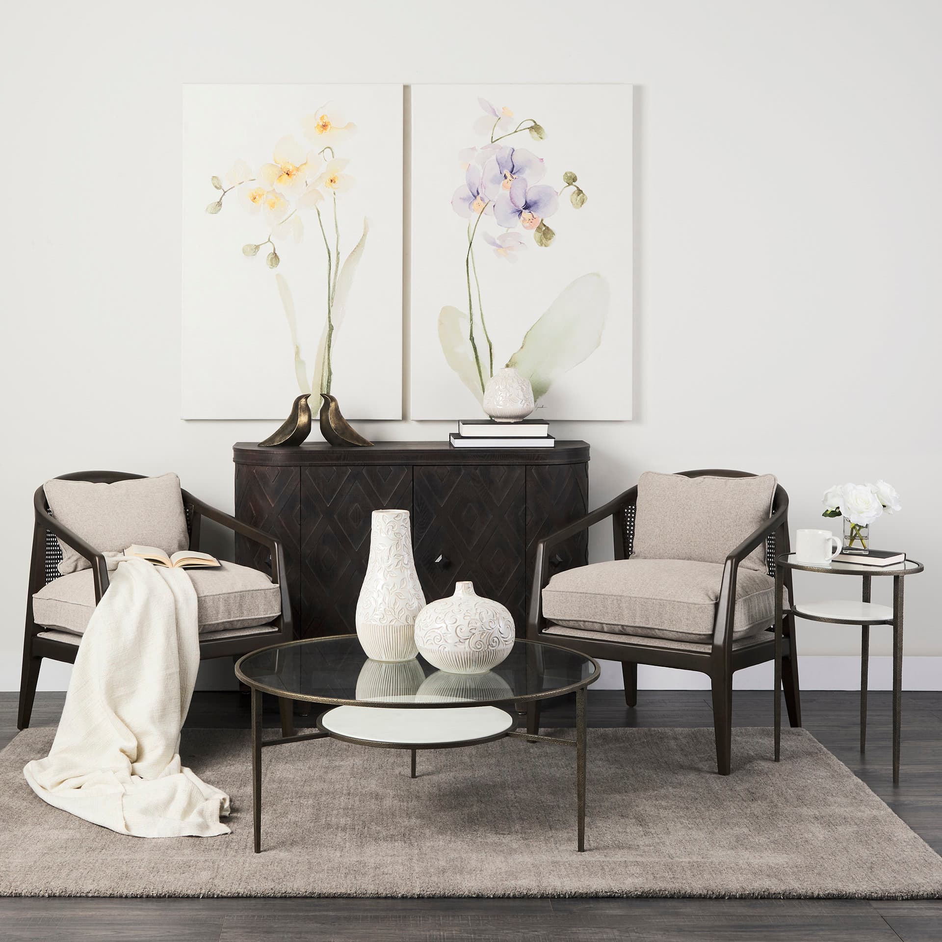 Felicity 15.8L X 15.8W X 22.5H Glass Top W/ White Marble Shelf and Antique Gold Base End/Side Table — in a styled room