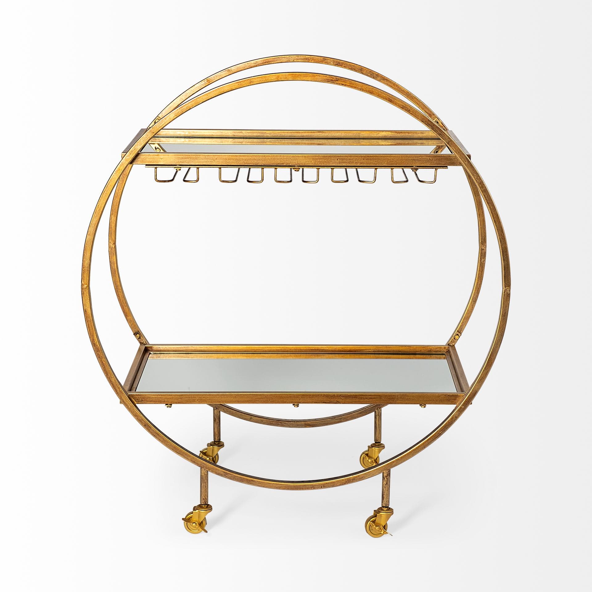 Carola Gold Frame Two-Tier Glass Shelves w/Stemware Holder Bar Cart — product photograph