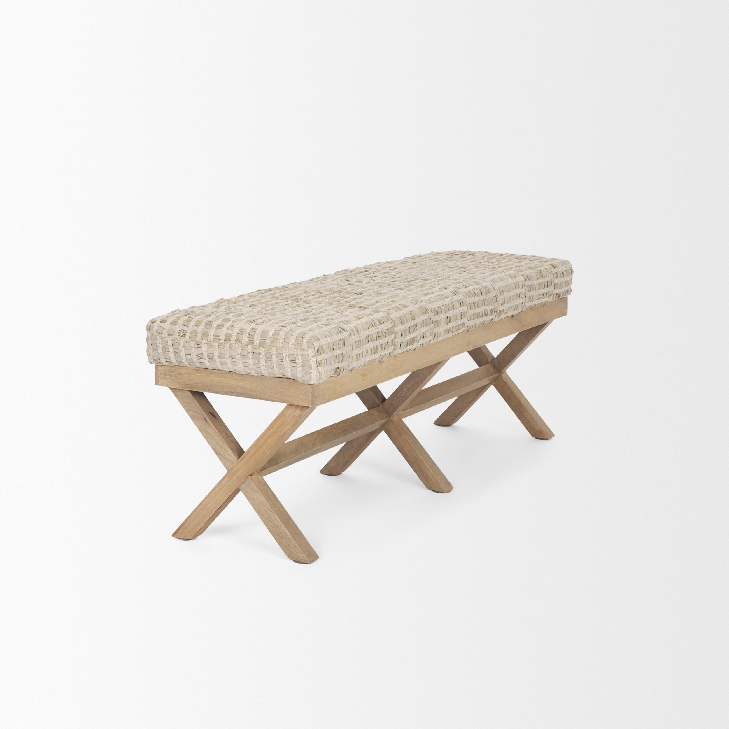 Solis II 50L x 16W Brown Base Beige Woven Leather Cushion Accent Bench — product photograph