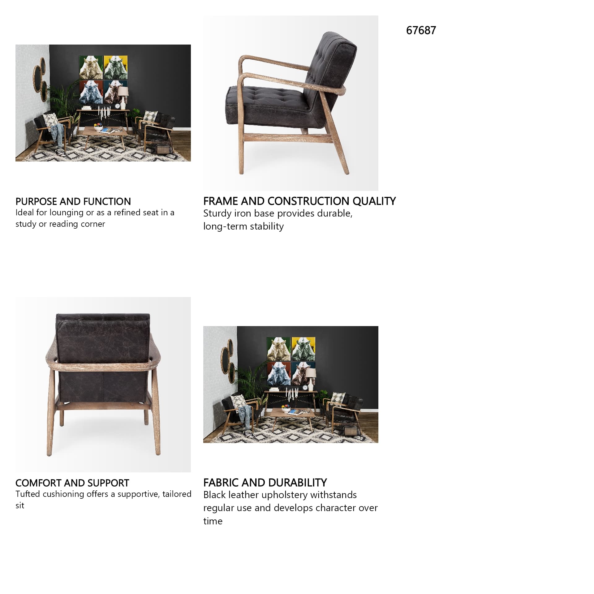 Phineas Black Leather W/ Brown Wooden Frame Accent Chair — in a styled room