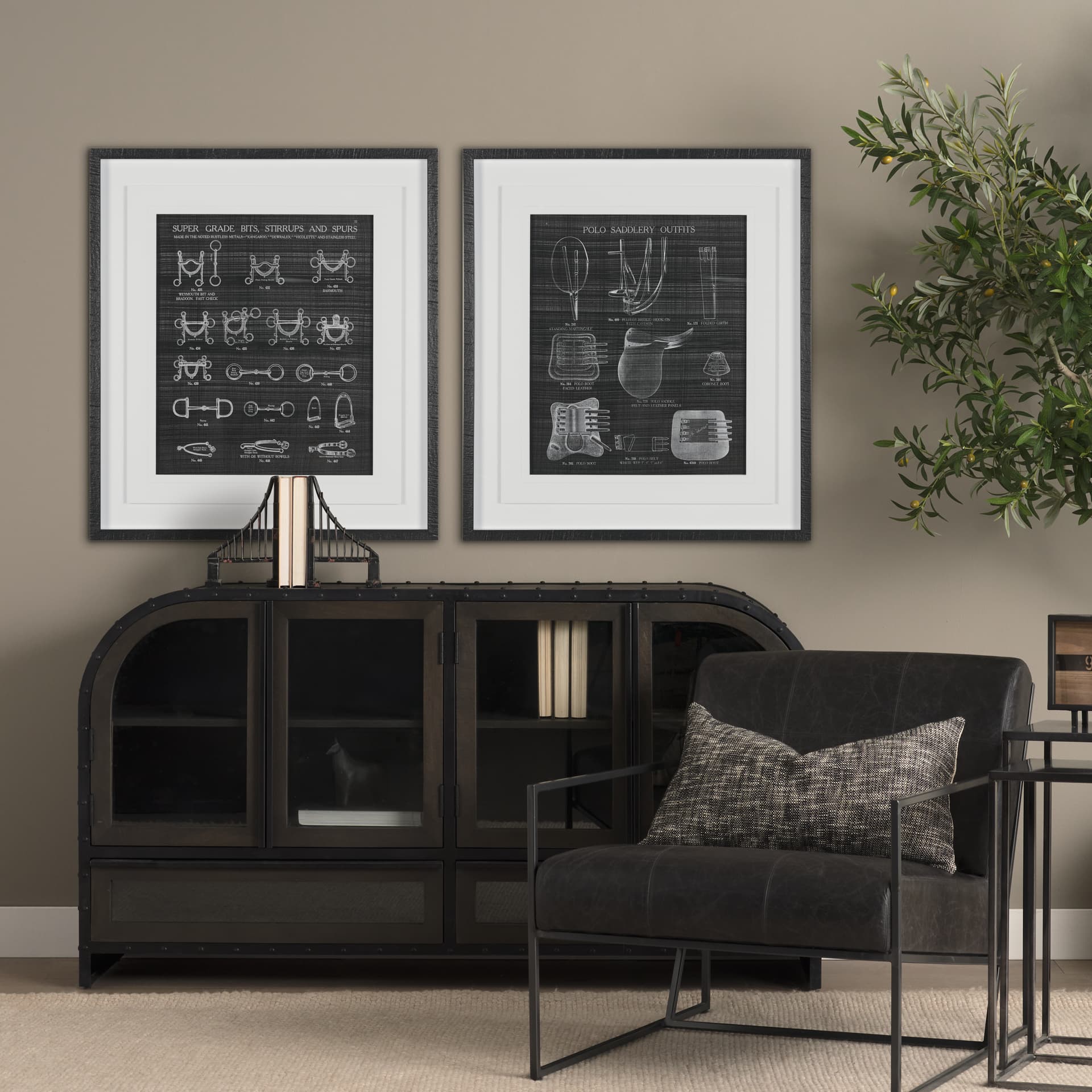 Equestrian Riding I BW by Mercana Studio Hand Embellished Framed Art Print Matted under Glass — in a styled room