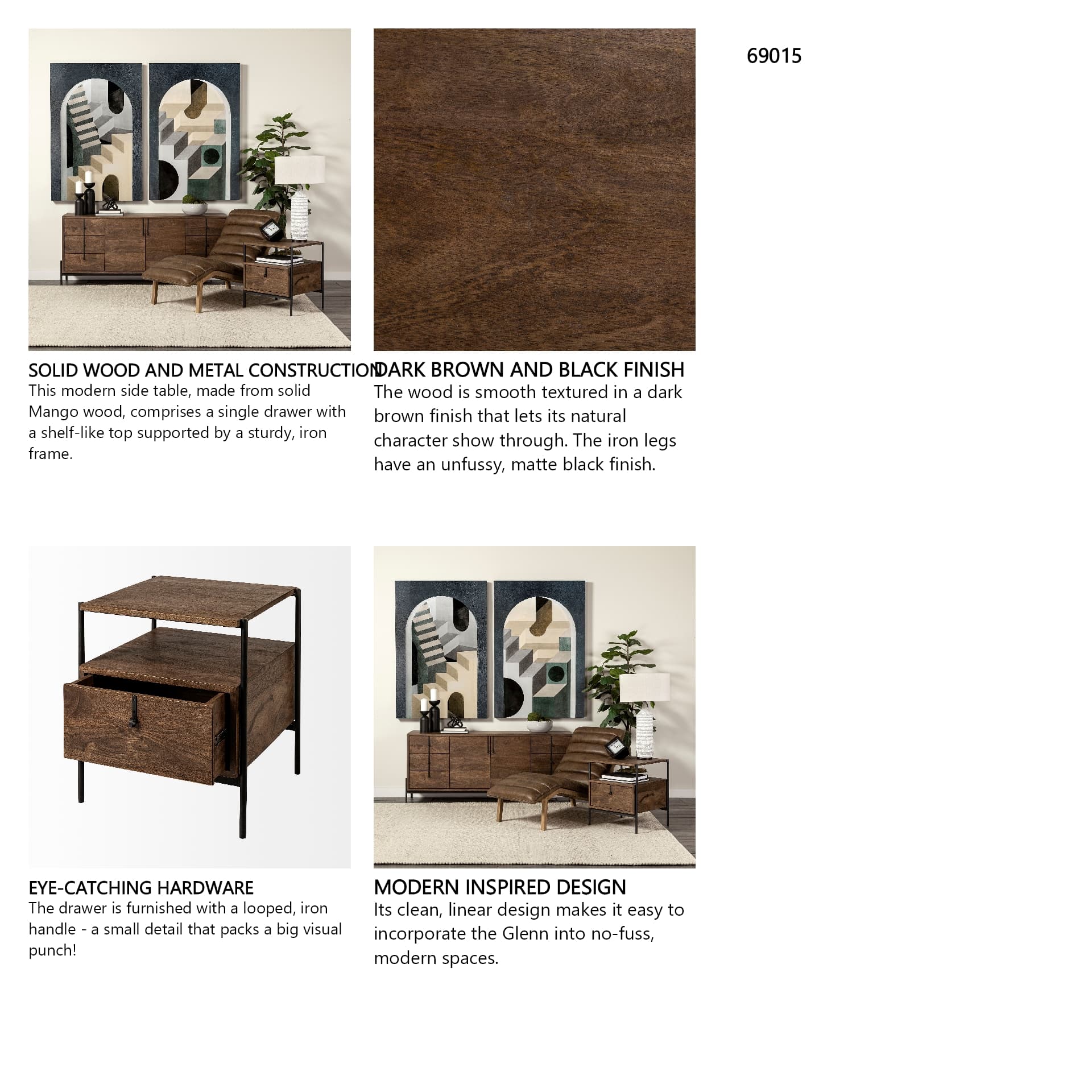 Glenn I 20L x 21W x 24H Dark Brown Wood w/ Black Iron Frame Square End/Side Table — in a styled room