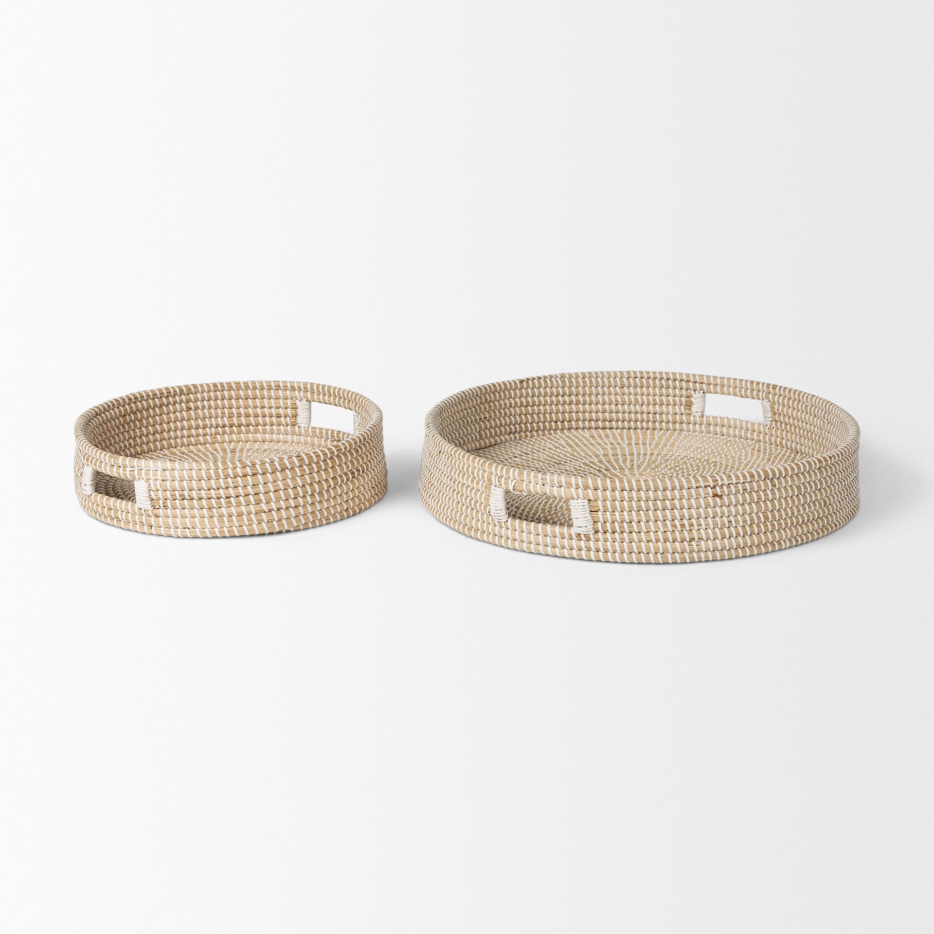 Kalama Set of 2 Large Round Seagrass Trays w/ Handles — product photograph