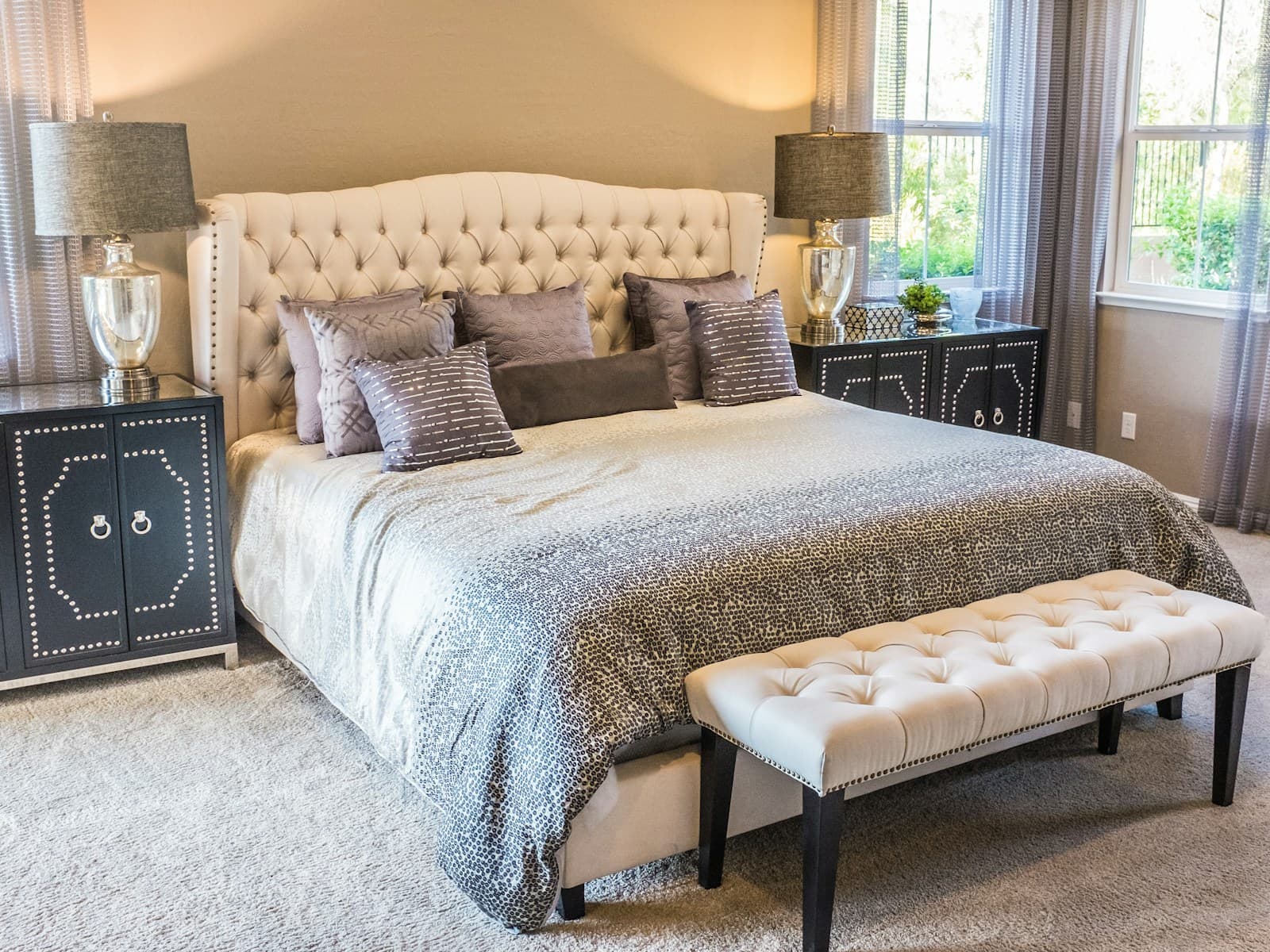 Bayview slat bed in pale ash, dressed in linen bedding
