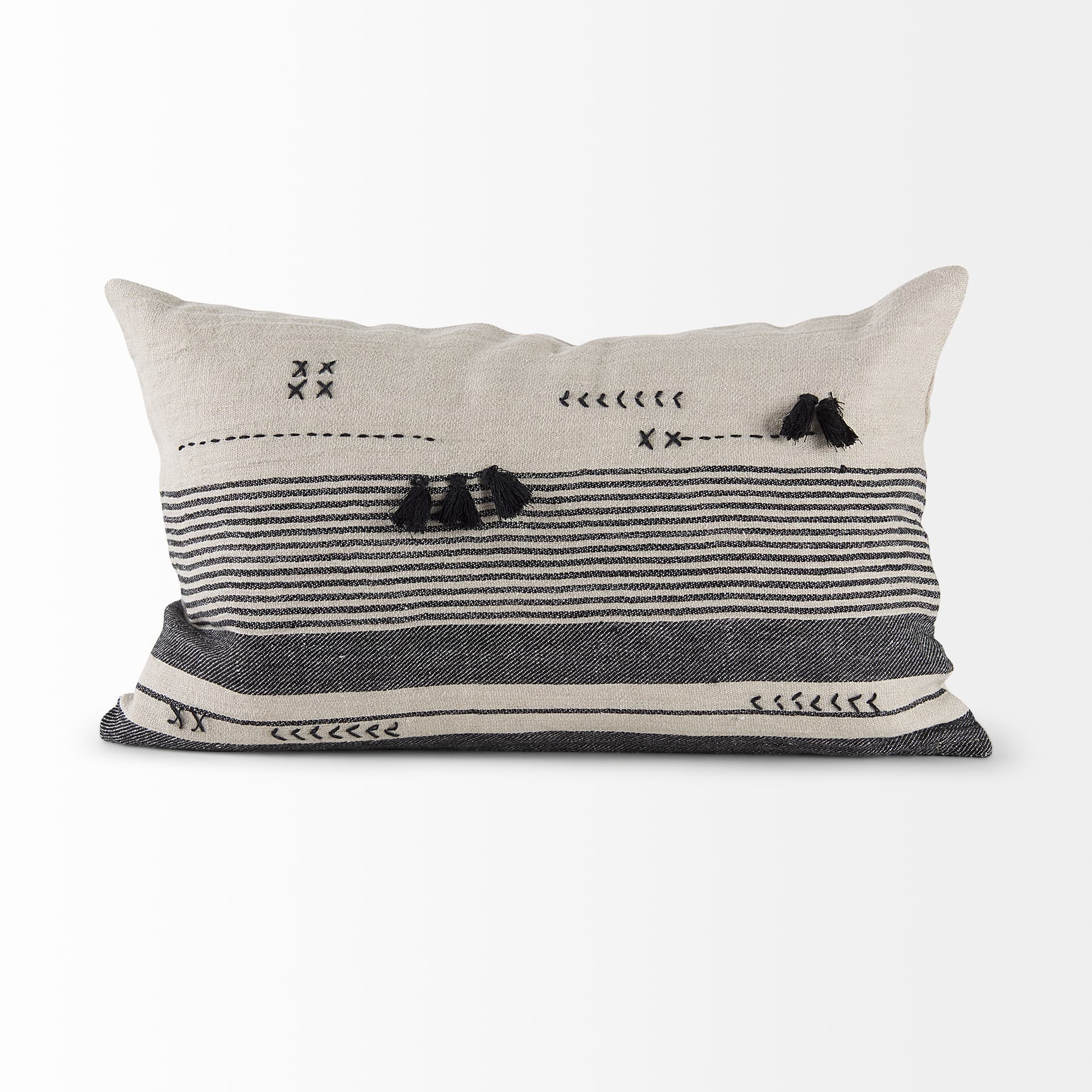 Thalia 13x21 Black and Beige Fabric Striped w/Fringe Pillow Cover w/Down Filler — product photograph
