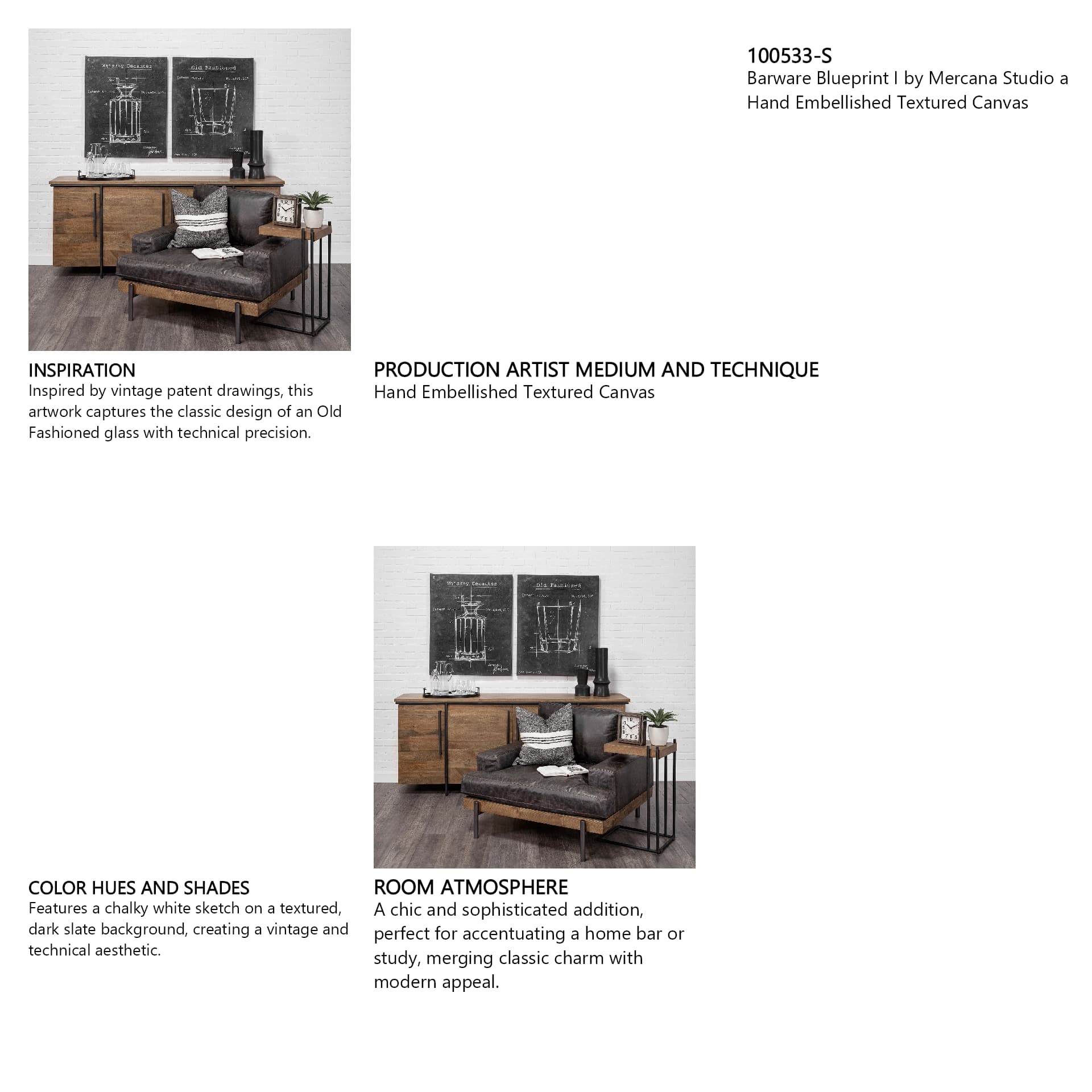 Barware Blueprint I by Mercana Studio a Hand Embellished Textured Canvas — in a styled room