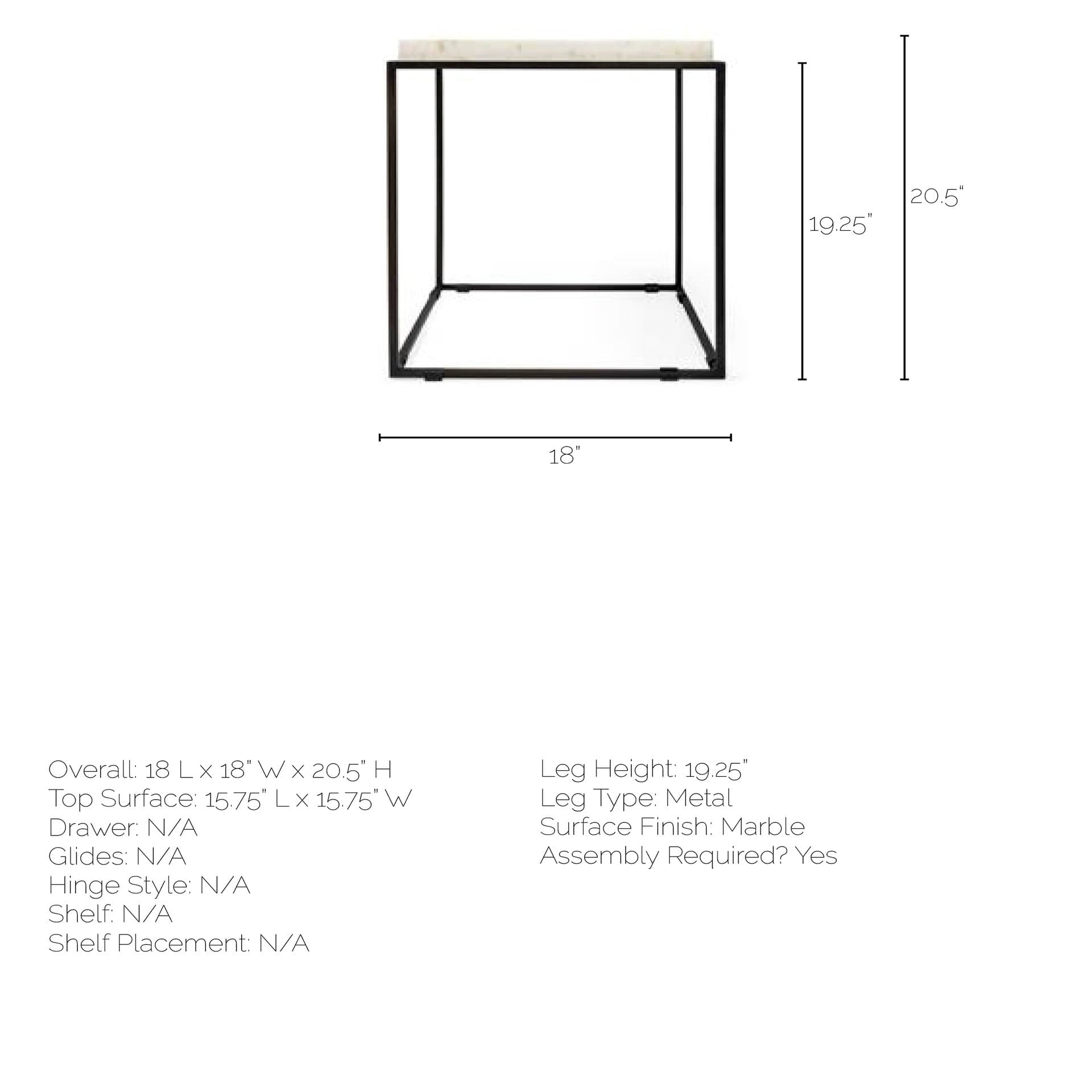 Nathan II 18" x 20" Square Top White Marble and Black Metal End/Side Table — product photograph