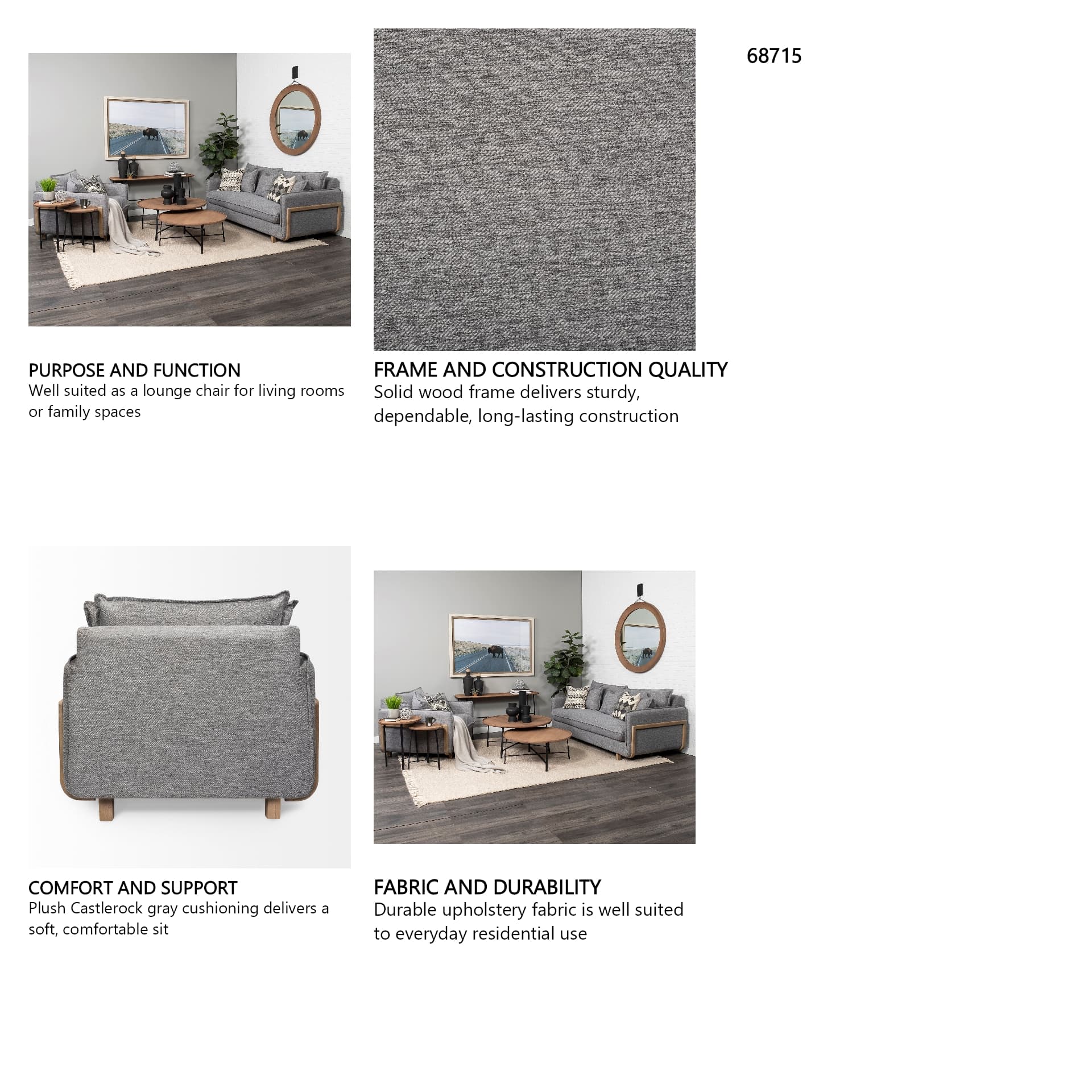 Roy II Castlerock Gray Upholstered and Brown Wood Frame Arm Chair — in a styled room