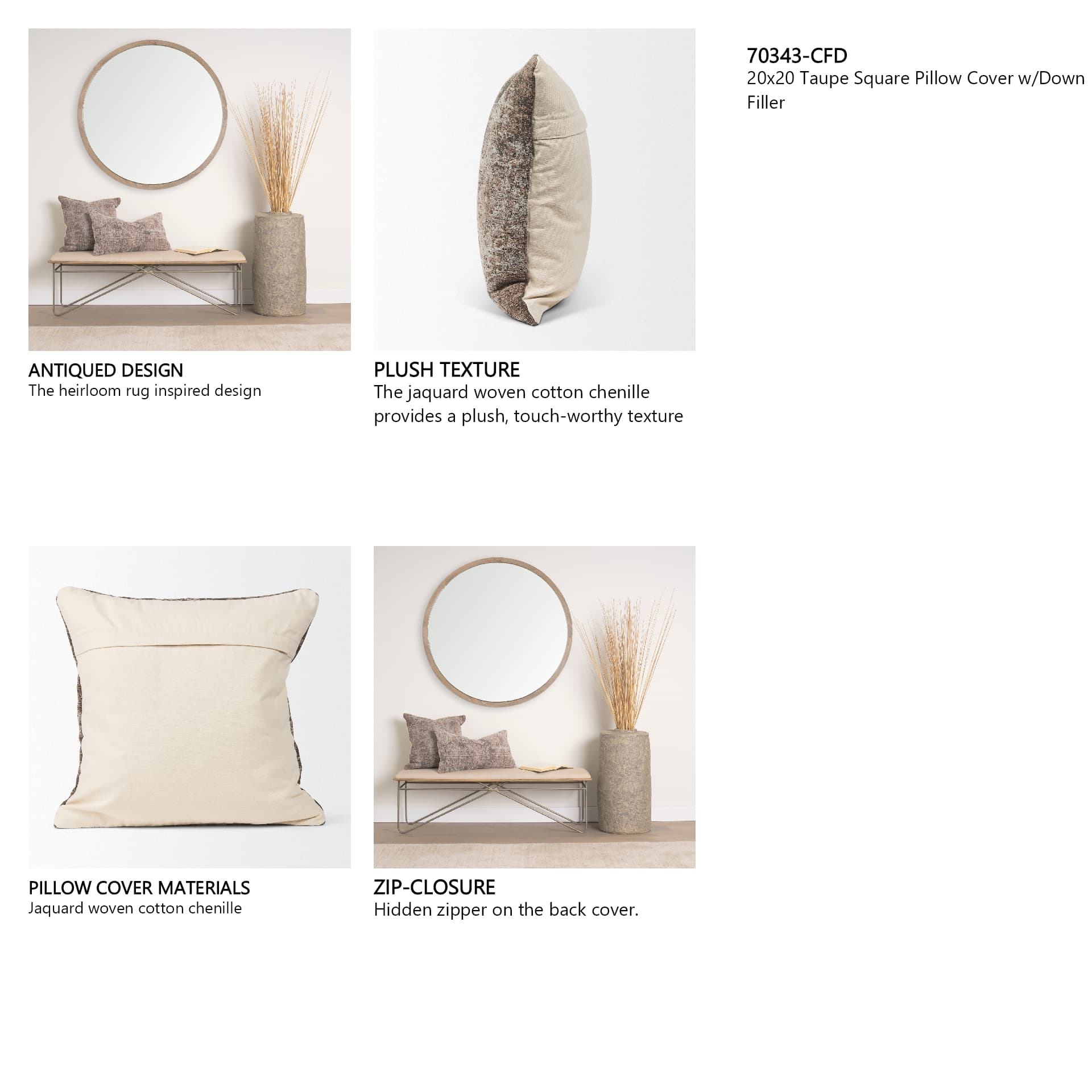 Khloe 20x20 Taupe Square Pillow Cover w/Down Filler — in a styled room