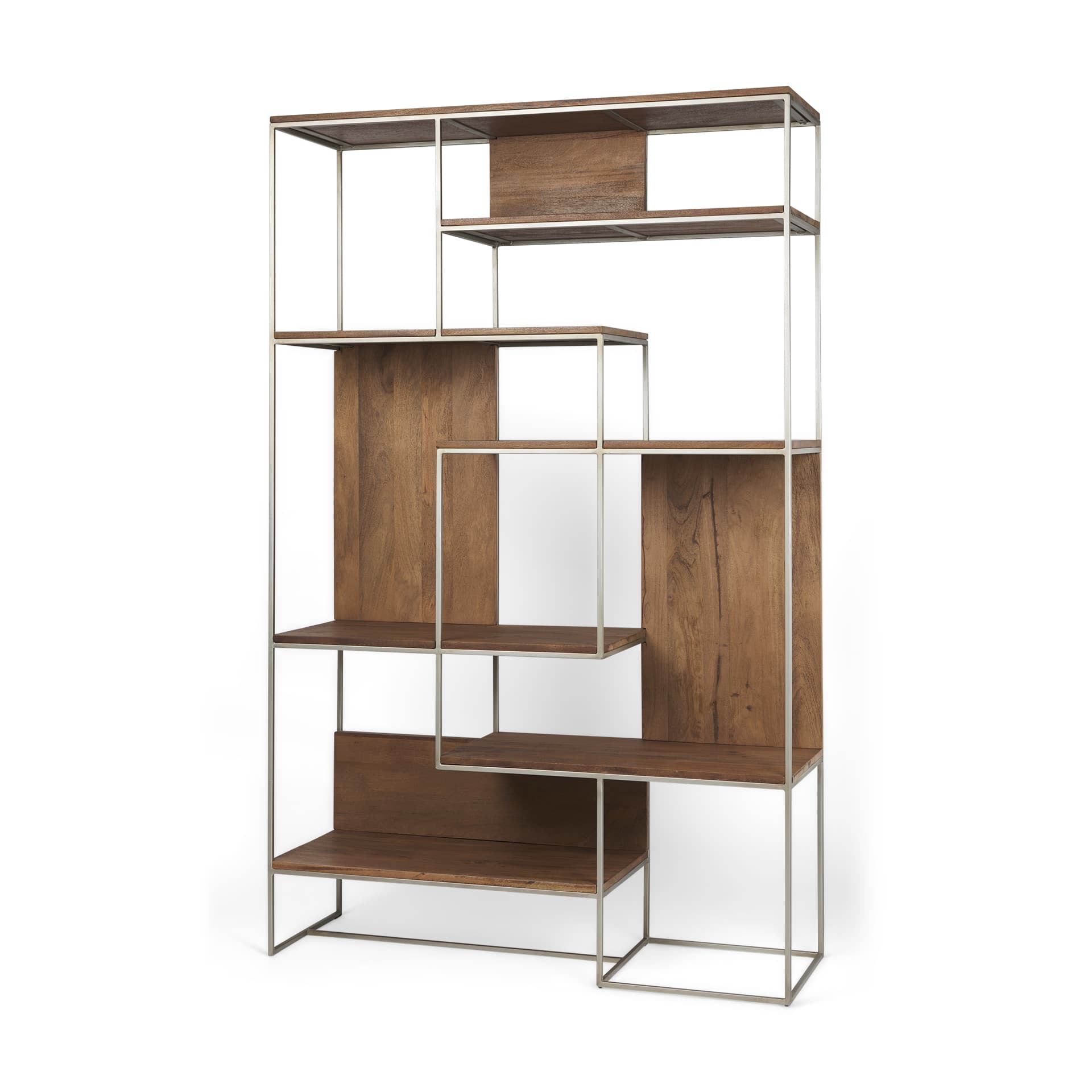 Morris III 47.25 X 15 X 75.5 Brown Wood and Silver Metal Frame 6 Shelf Shelving Unit — product photograph