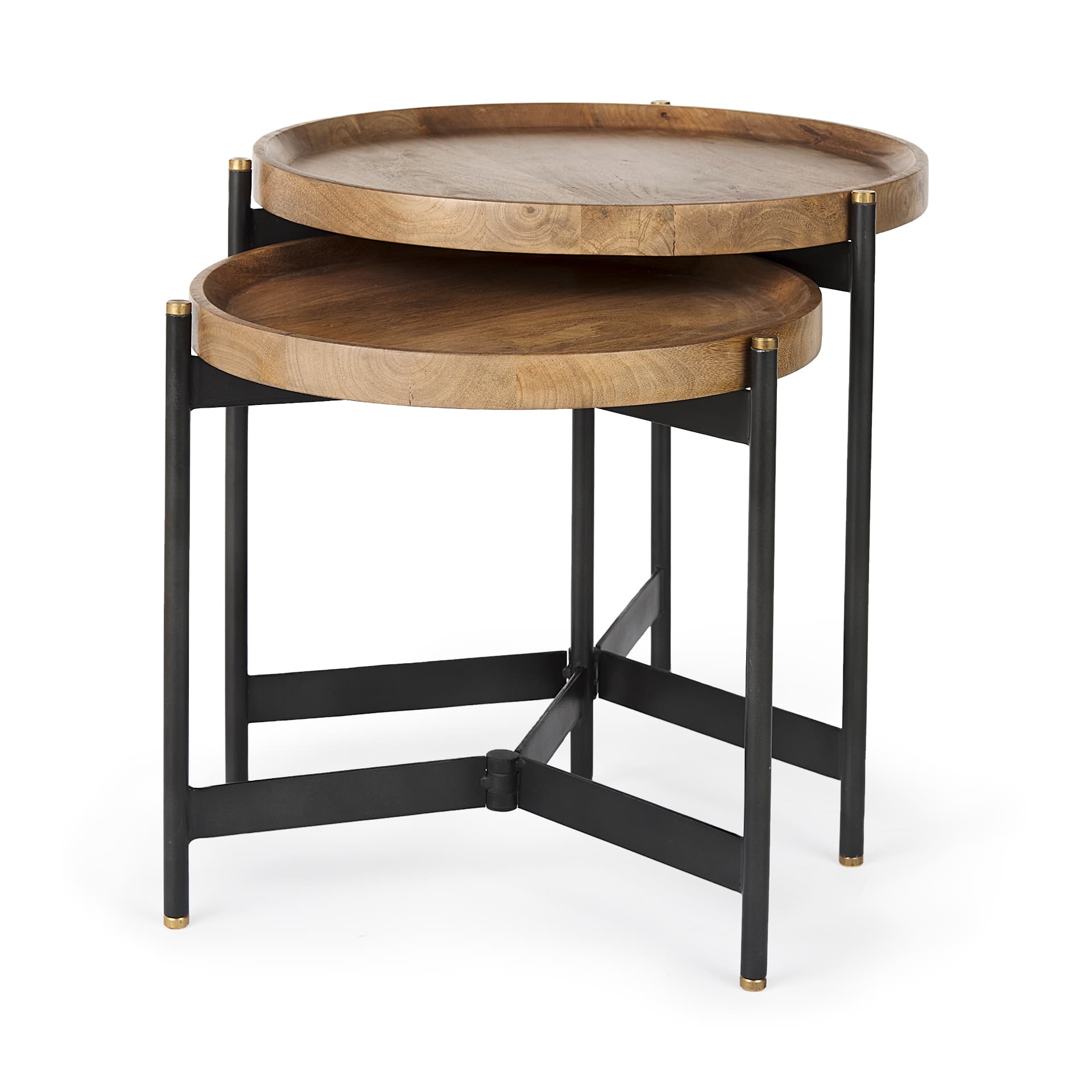 Marquisa (Set of 2) 22.5L x 22.5W x 20.8H Light Brown Wood W/ Black Metal Base Nesting Side Tables — product photograph