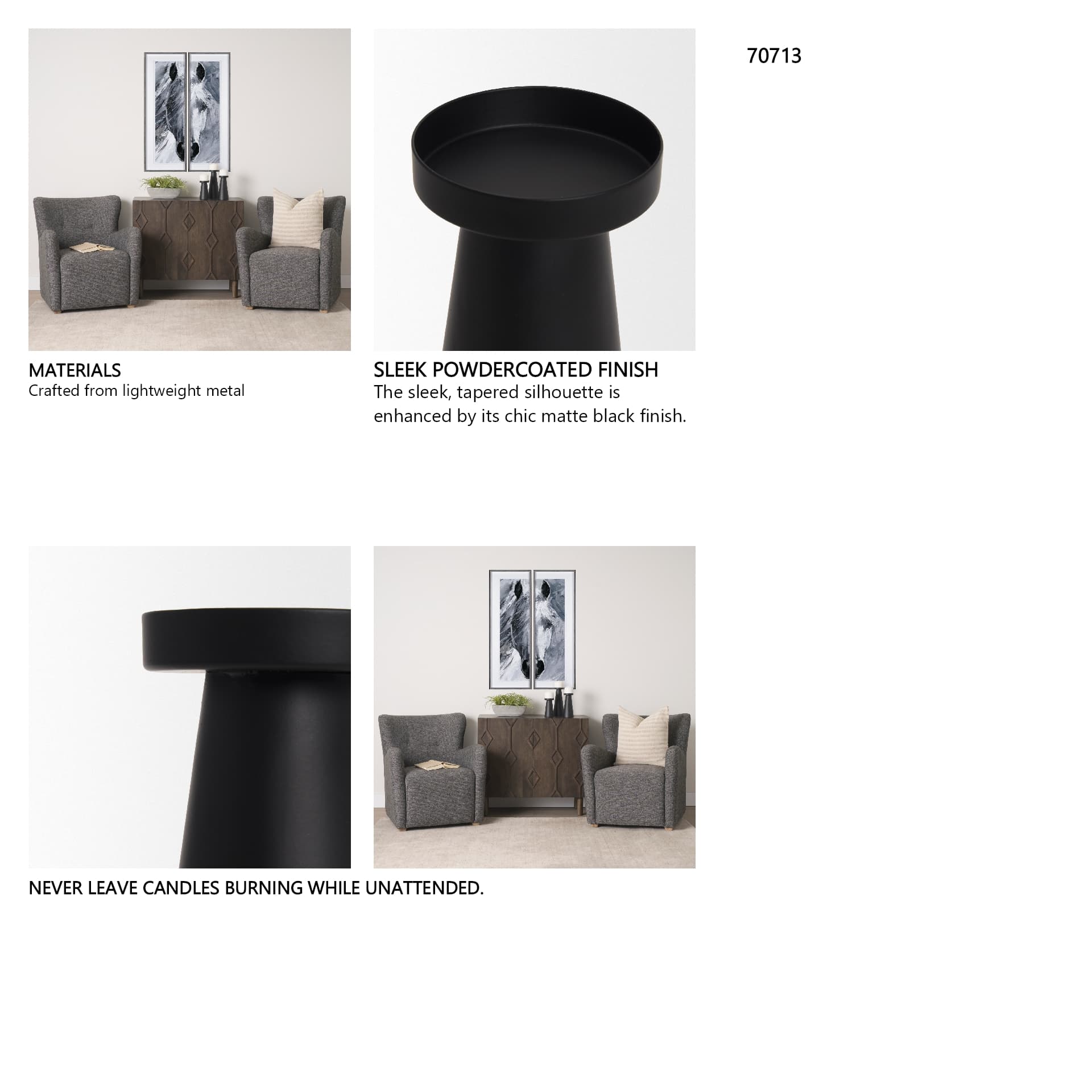 Quadir Short Matte Black Metal Candle Holder — in a styled room