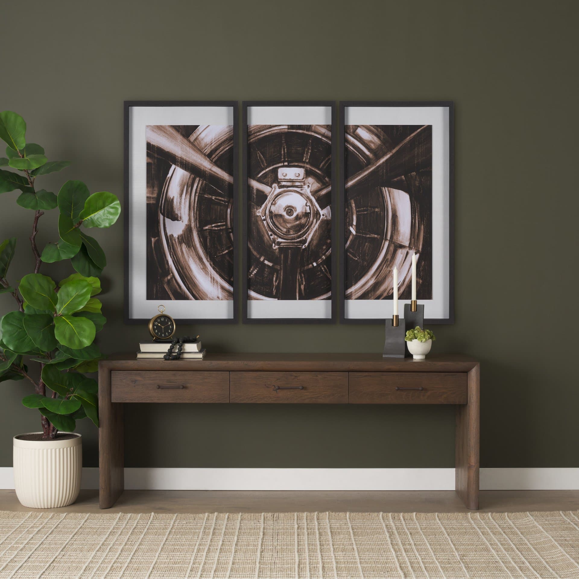Vintage Propeller (Sepia) (Set of 3) by Ethan Harper Framed Artwork Matted under Glass — in a styled room