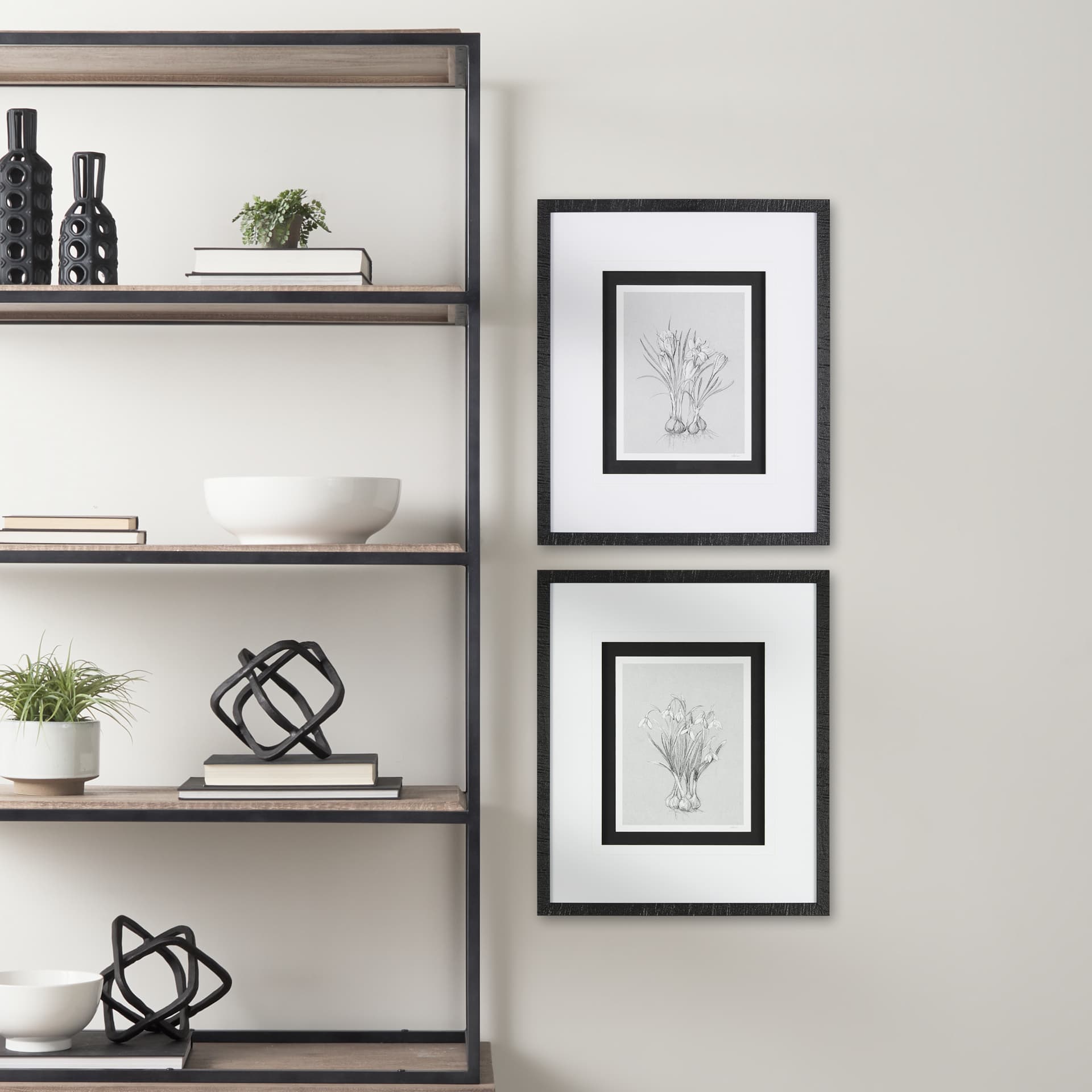 Botanical sketches V (Grey) by Mercana Studio Hand Embellished Framed Art Print Matted under Glass — in a styled room