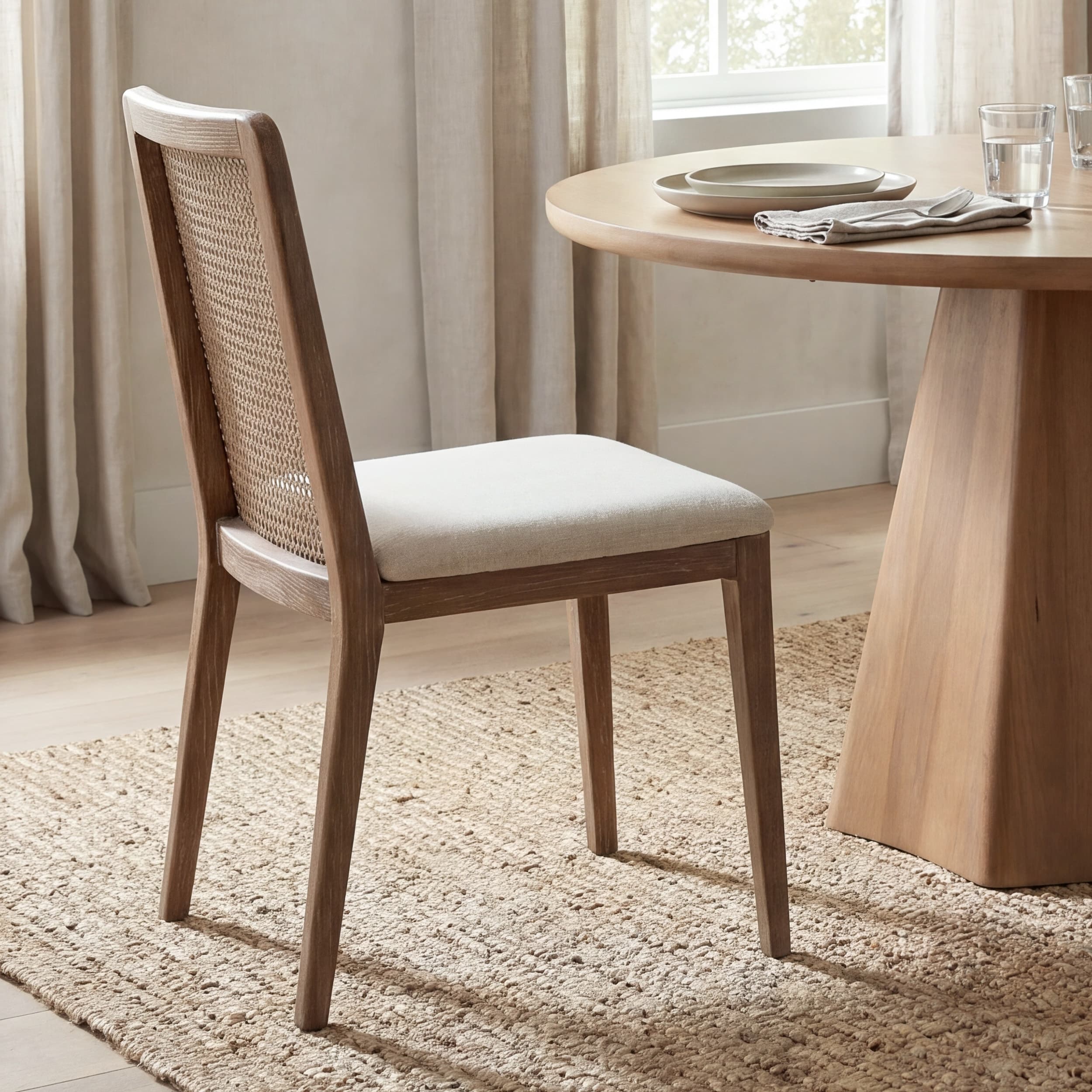 Clara Cane Back Dining Side Chair | Cream Fabric w/ Brown Wood — product photograph